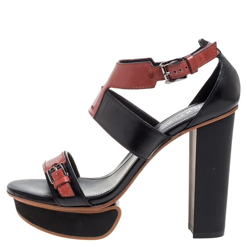 

Tod's Black And Brown Leather Ankle Strap Platform Sandals Size