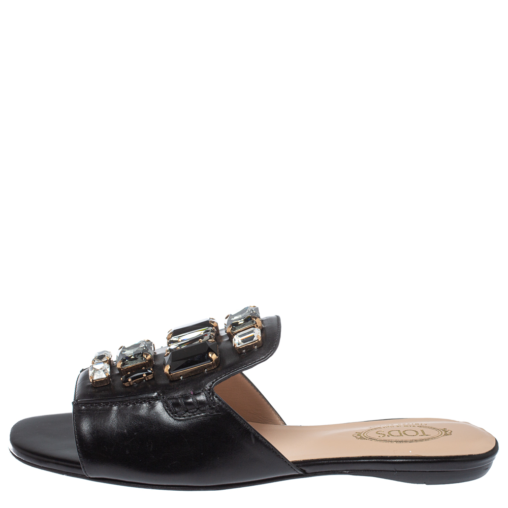 

Tod's Black Leather Jewel Embellished Limited Edition Flat Slide Sandals Size