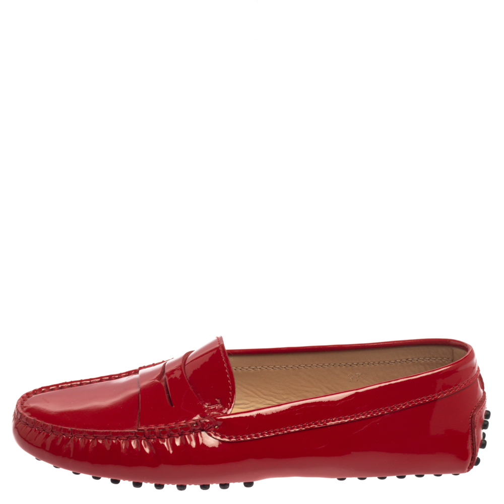 

Tod's Red Patent Leather Gommino Penny Loafers Size