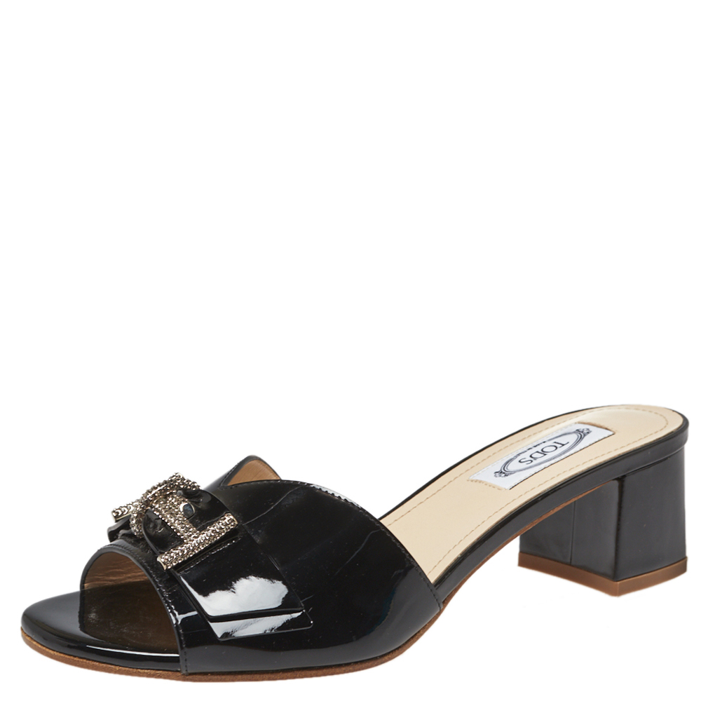 

Tod's Black Patent Leather Double T Embellished Slide Sandals Size