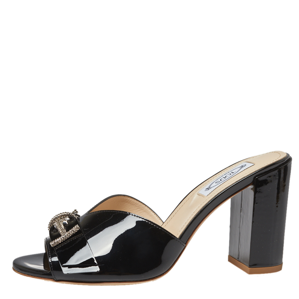 

Tod's Black Patent Leather Double T Embellished Slide Sandals Size