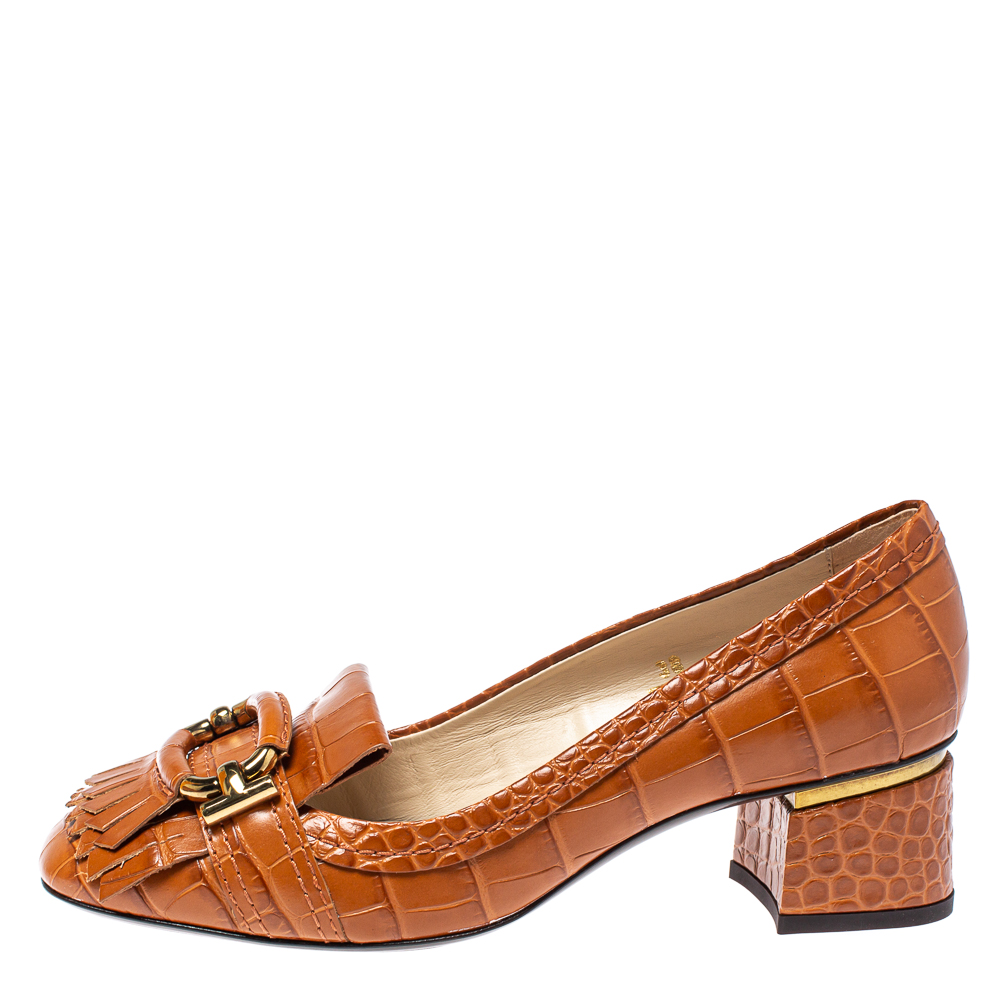 

Tod's Brown Croc Embossed Leather Fringed Buckle Loafer Pumps Size