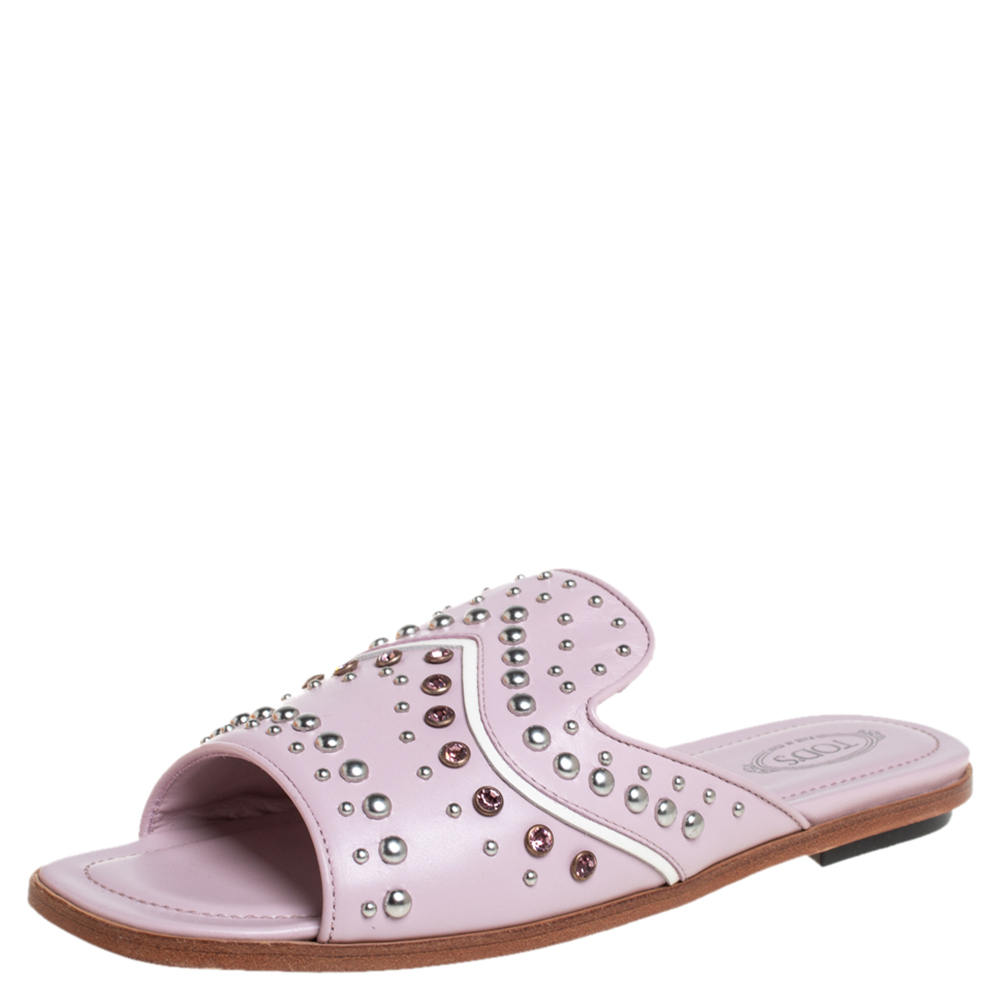 Click to view more detailed imagery on our partner's website Pre-owned Tod's Purple Studded Leather Open Toe Flat Slides Size 38