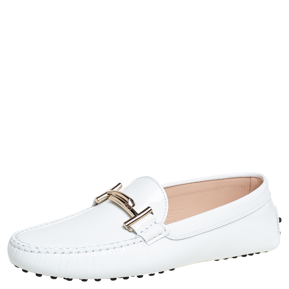Pre-owned Tod's White Patent Leather Gommini Doppia Loafers Size 39