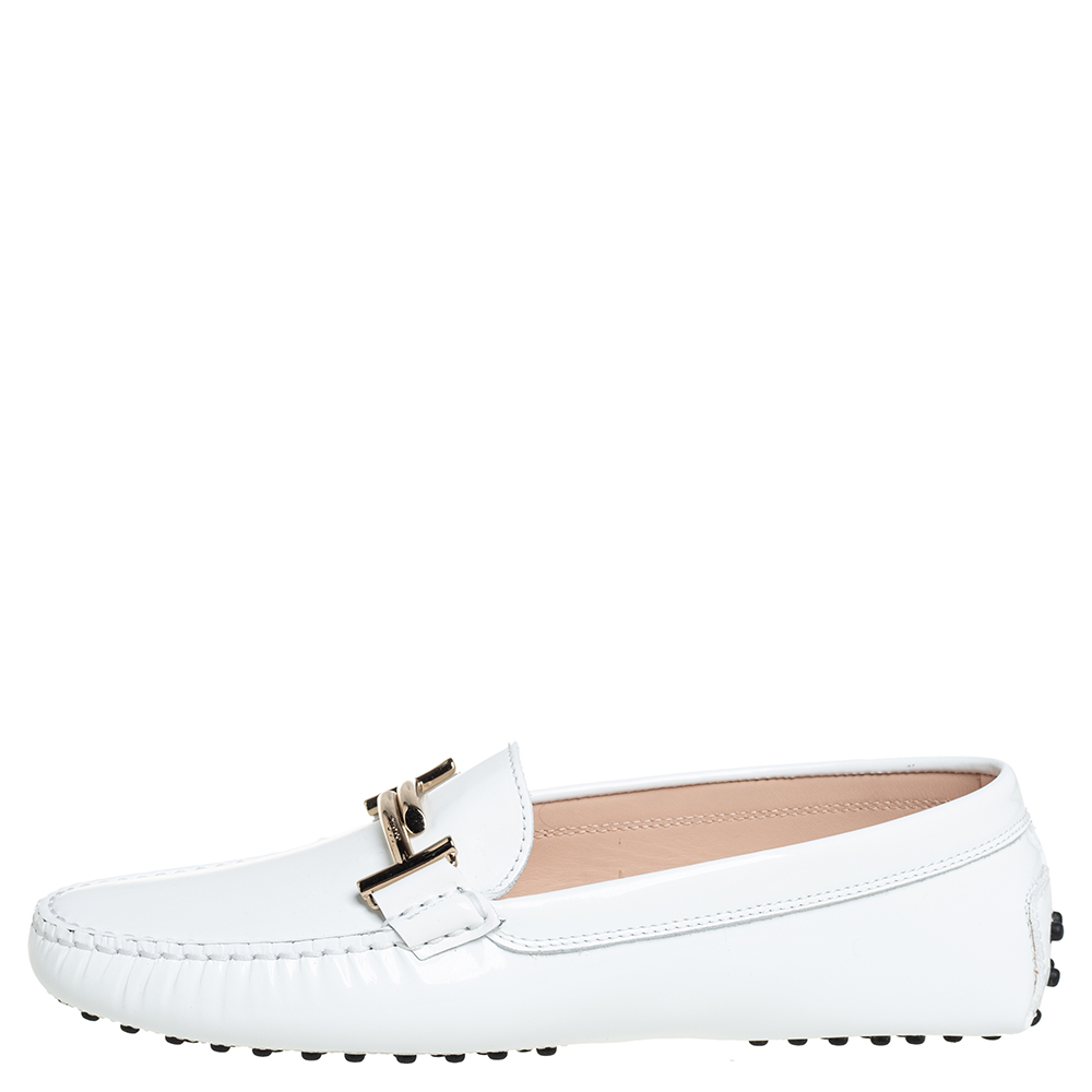 

Tod's White Patent Leather Gommini Doppia Loafers Size