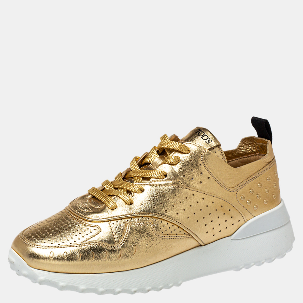 

Tod's Metallic Gold Perforated Leather Sneakers Size