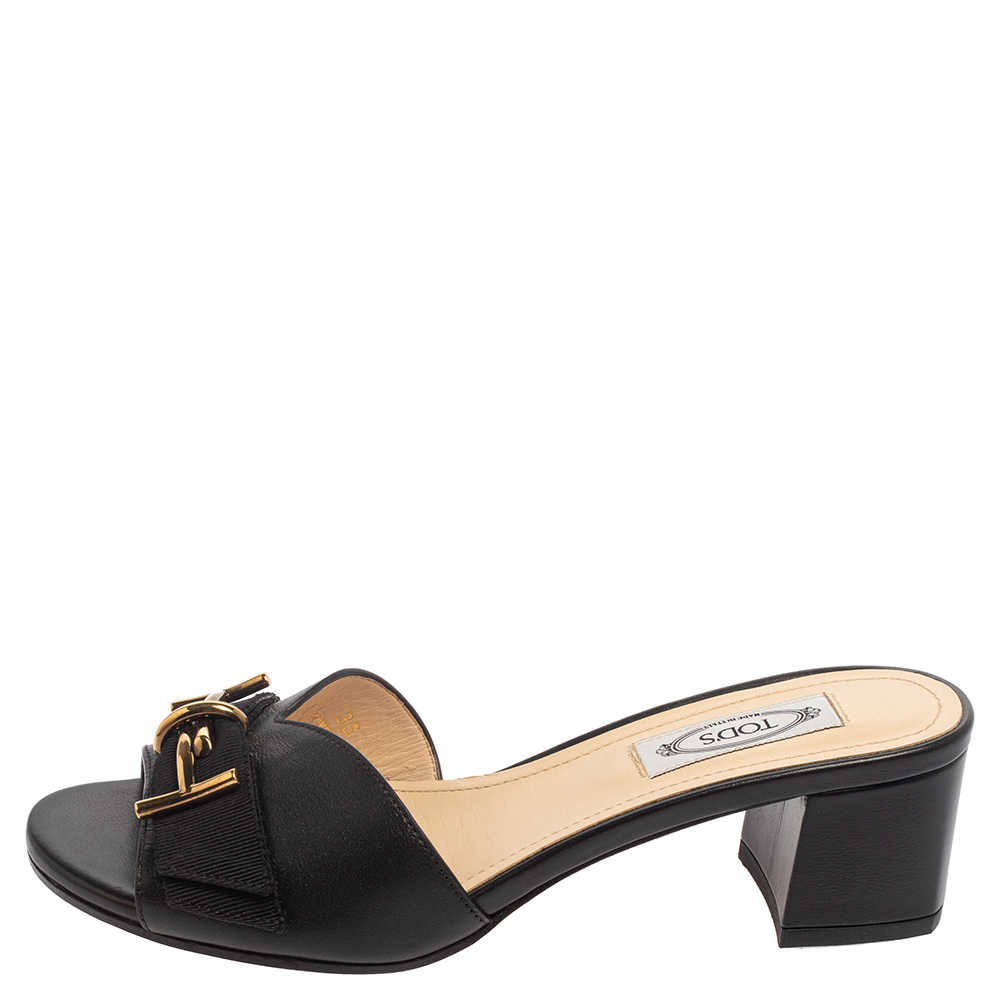 

Tod's Black Leather Double T Slide Sandals Size