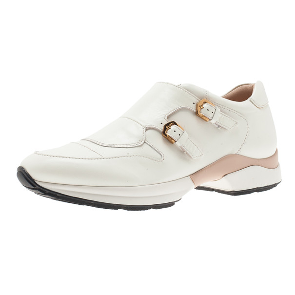 مملوكة مسبقًا Tod's White Leather Buckle Detail Sneakers Size 38.5