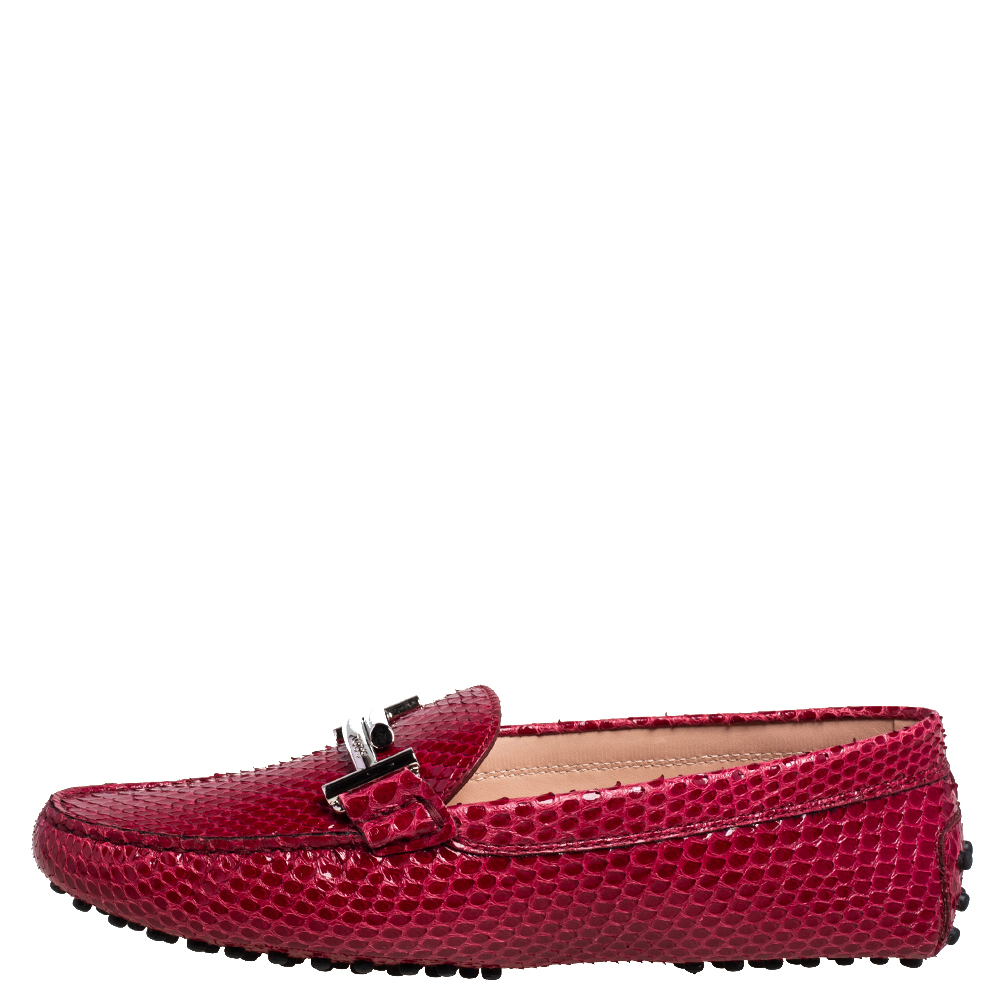 

Tod's Red Python Double T Slip On Loafers Size