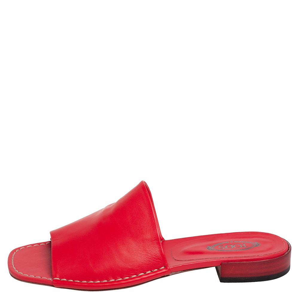 

Tod's Red Leather Slide Sandals Size