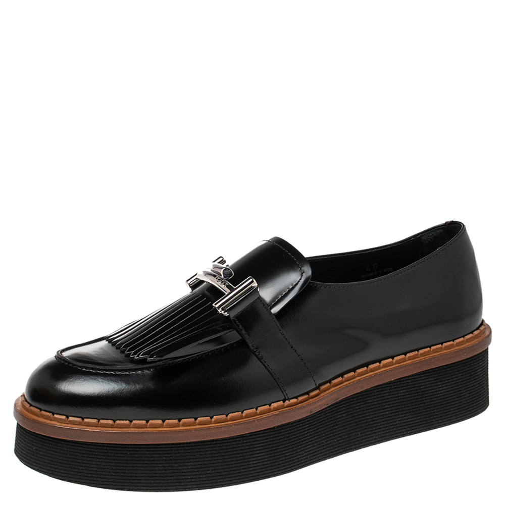 Ved en fejltagelse Skjult Ledsager Pre-owned Tod's Black Glazed Leather Kiltie Platform Loafers Size 40 |  ModeSens