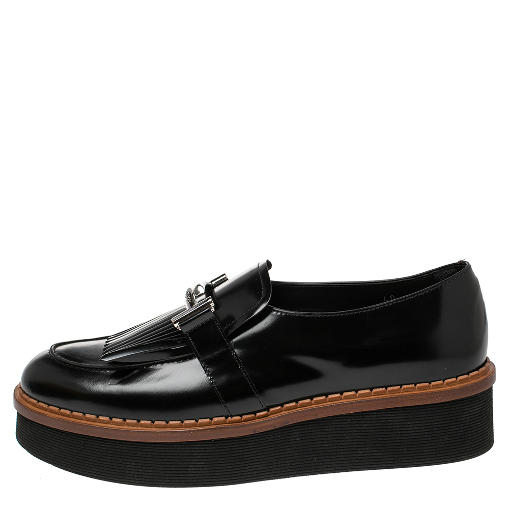 

Tod's Black Glazed Leather Kiltie Platform Loafers Size