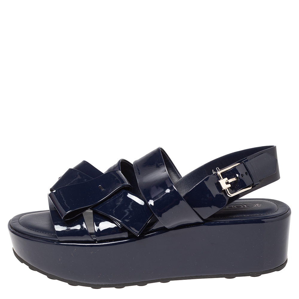 

Tod's Navy Blue Patent Leather Bow Platform Sandals Size