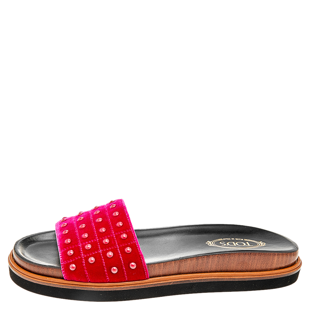 

Tod's Fuchsia Velvet Studded Flat Slides Size, Pink