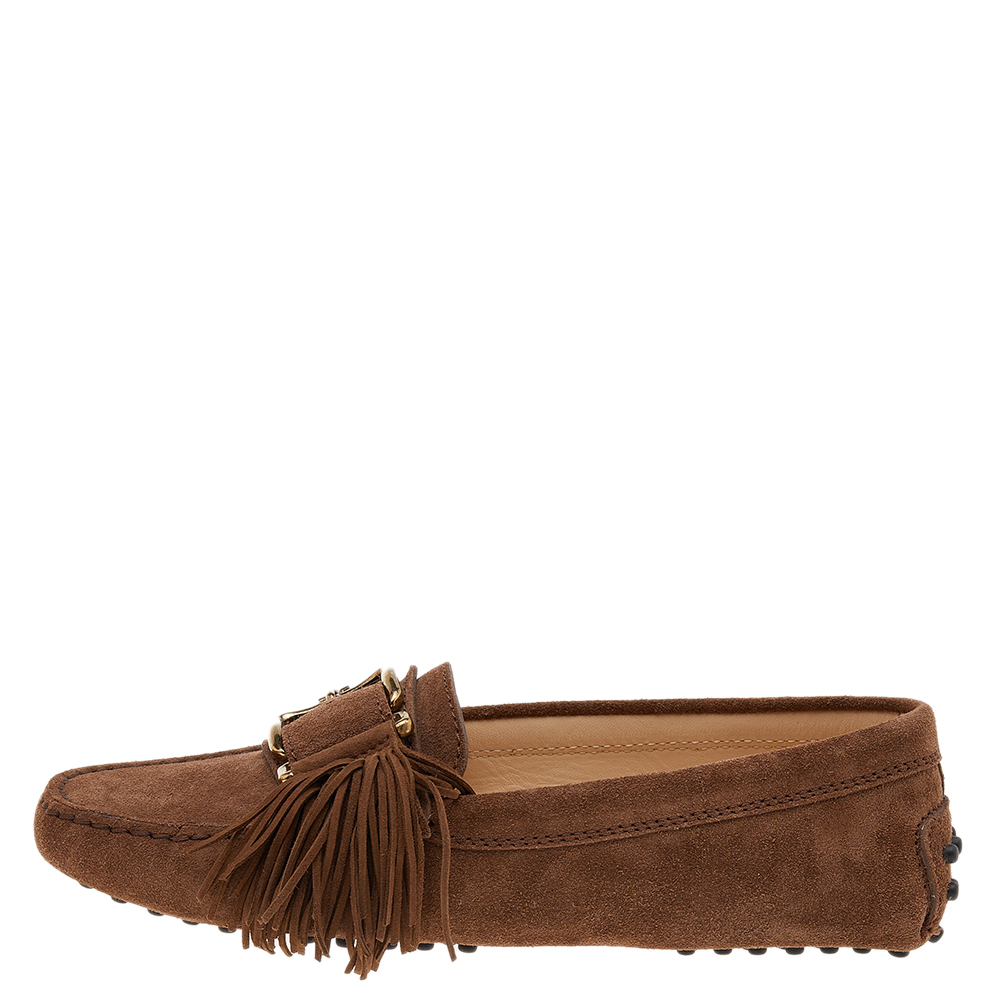 

Tod's Brown Suede Tassel Buckle Slip on Loafers Size