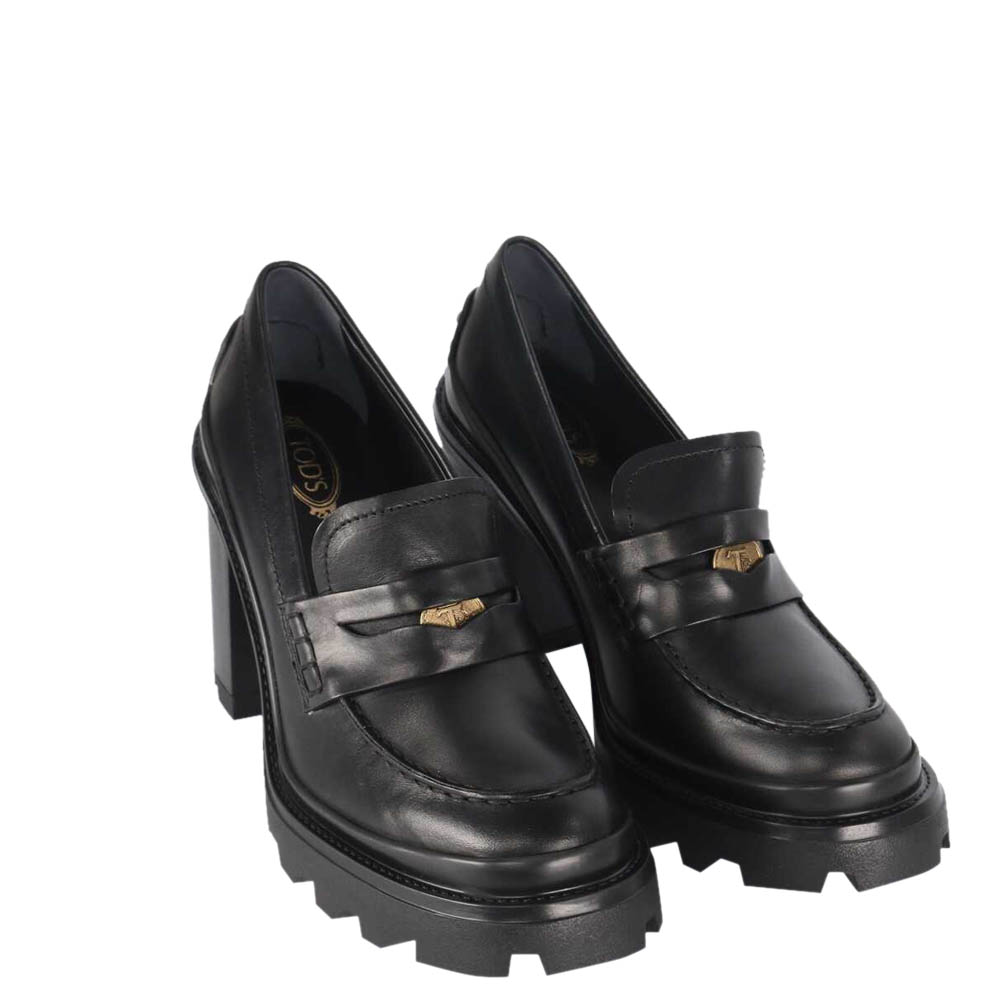 

TOD'S Black Leather Penny Heel Loafers Size IT