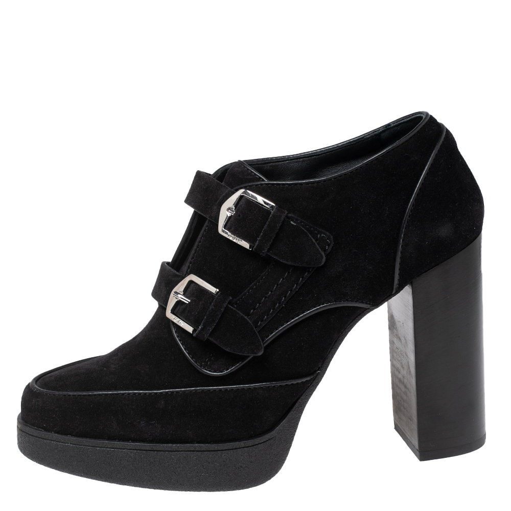 

Tod's Black Suede Double Buckle Platform Ankle Booties Size
