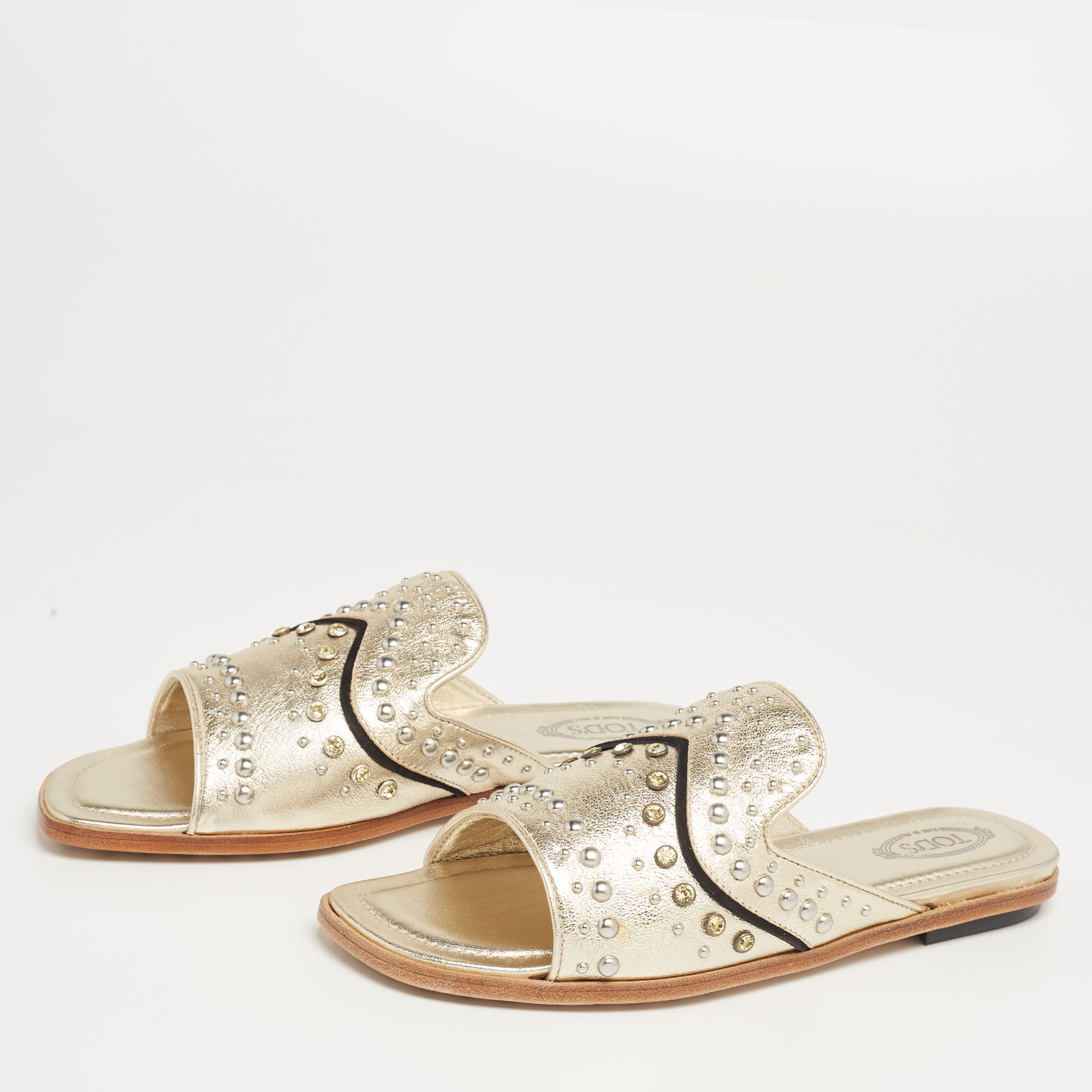 

Tod's Gold Leather Studded Flat Slides Size