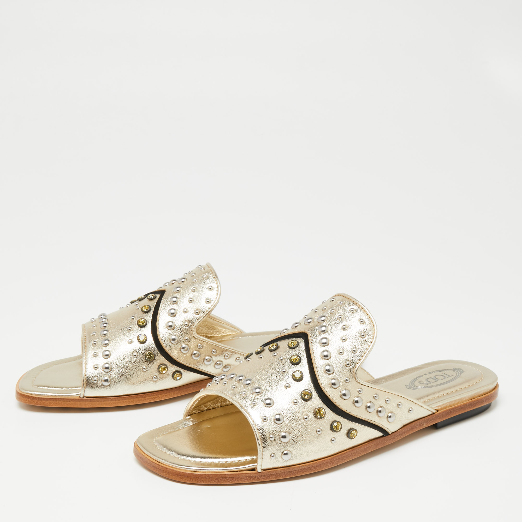 

Tod's Gold Leather Studded Flat Slides Size