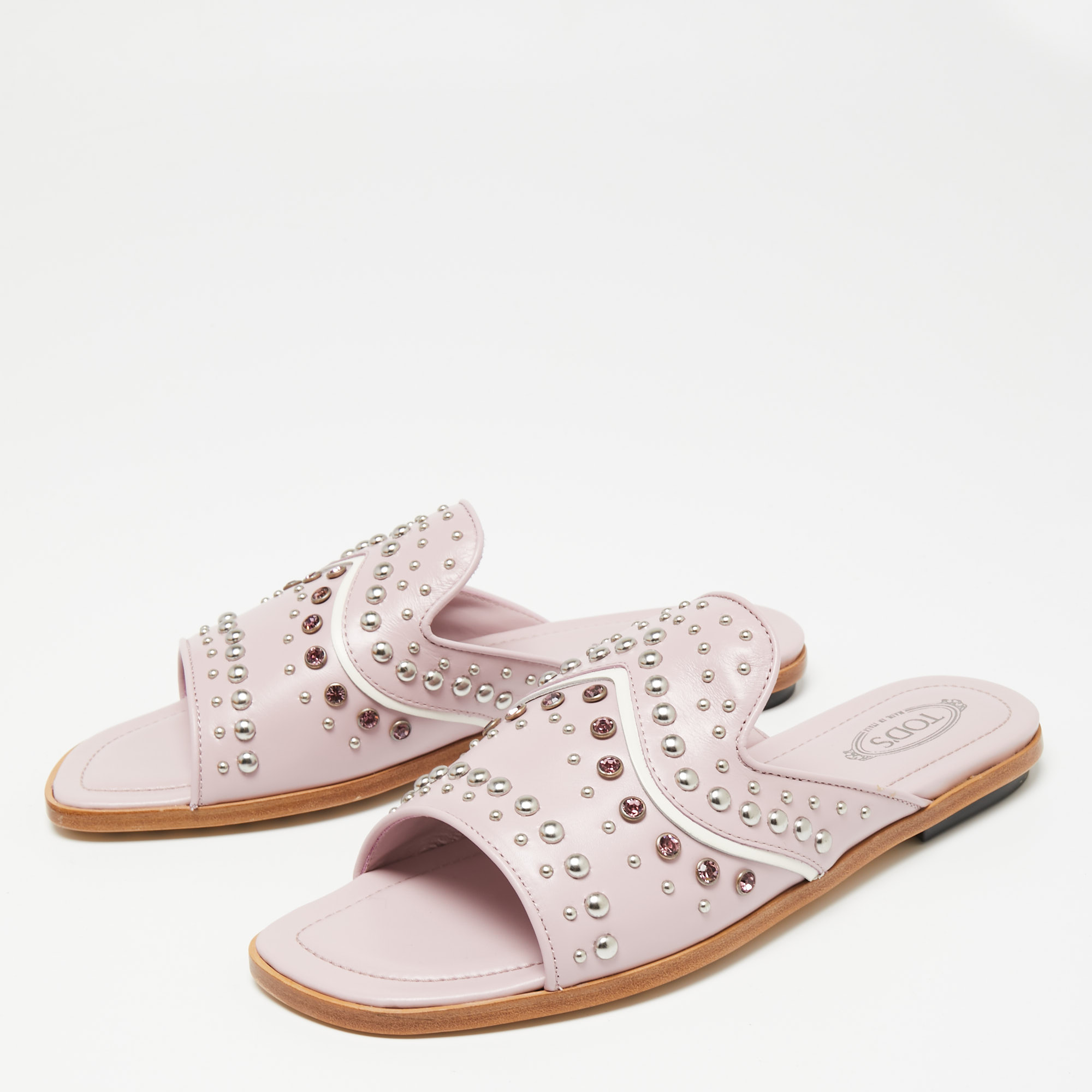 

Tods's Pink Leather Studded Flat Slide Sandals Size