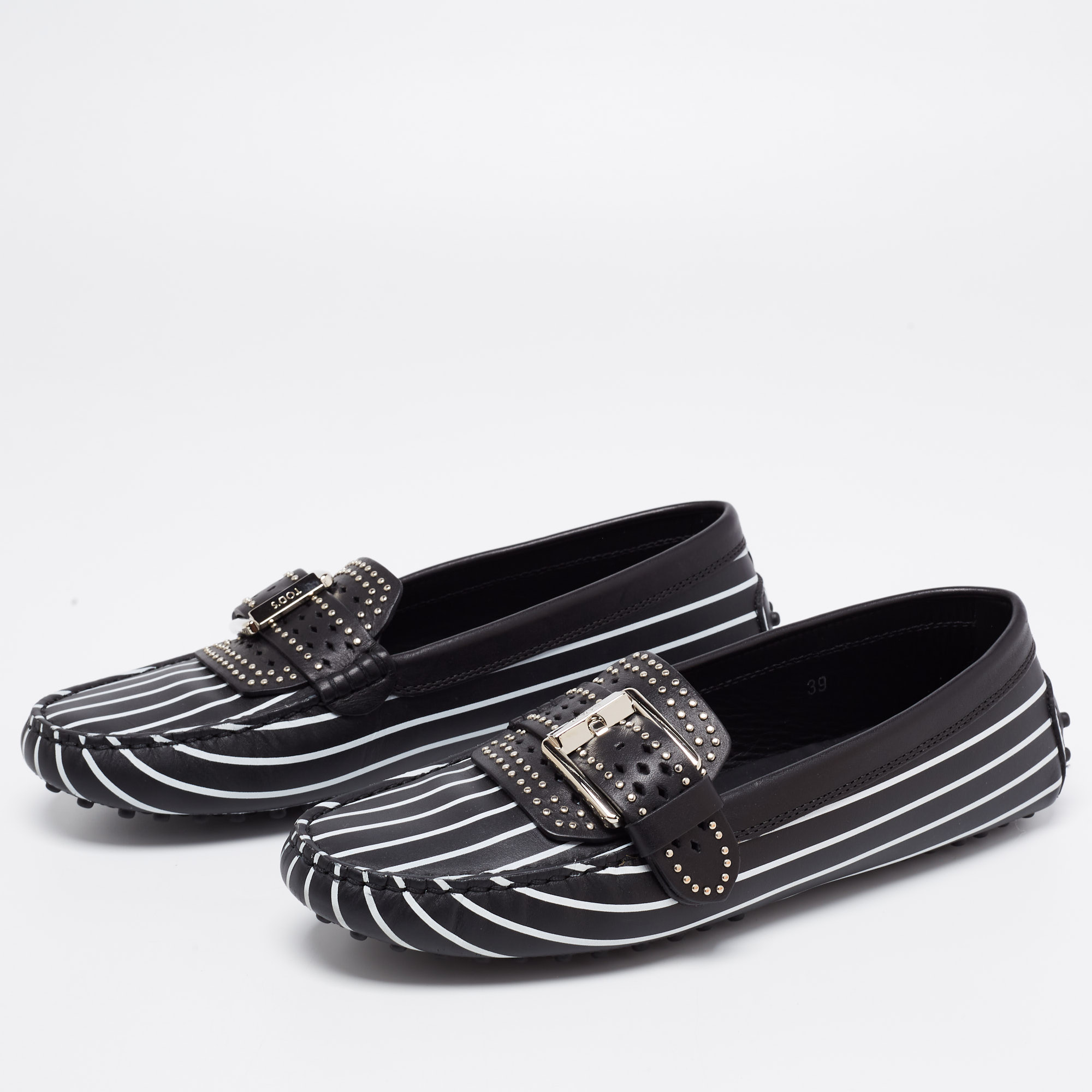 

Tod's Black/White Stripe Printed Leather Studded Buckle Loafers Size