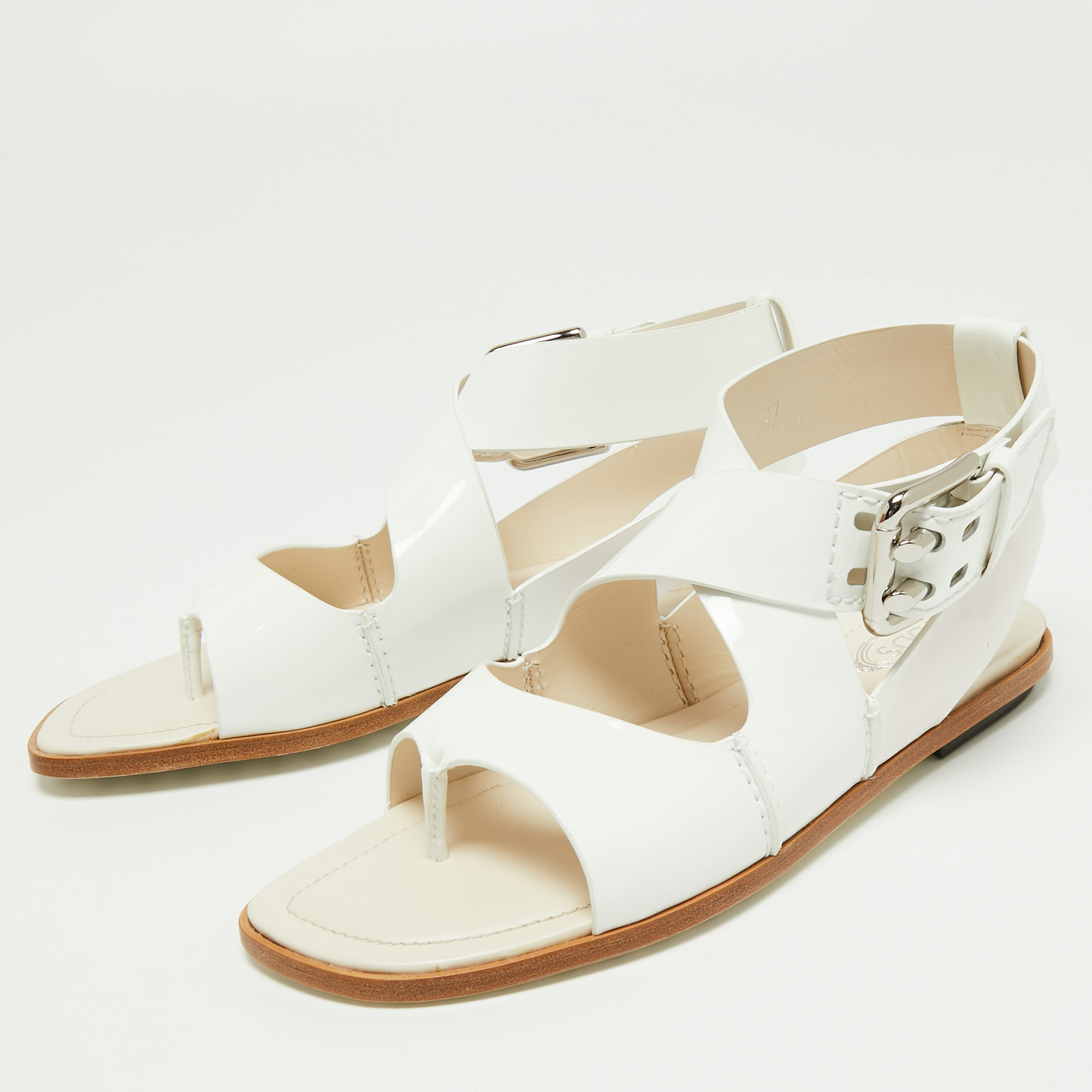 

Tod's White Patent Leather Cross Strap Flat Sandals Size
