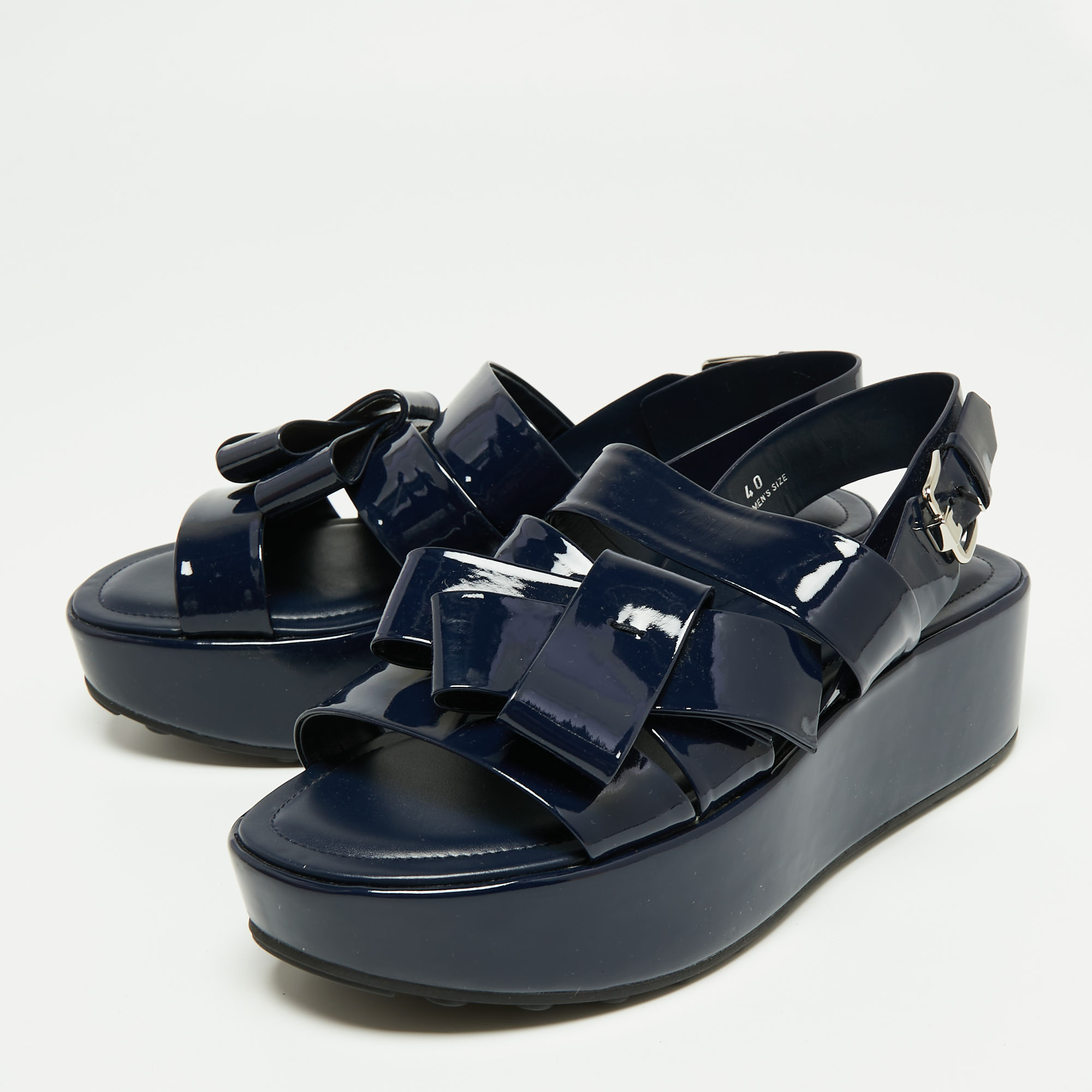 

Tod's Navy Blue Patent Leather Slingback Platform Sandals Size