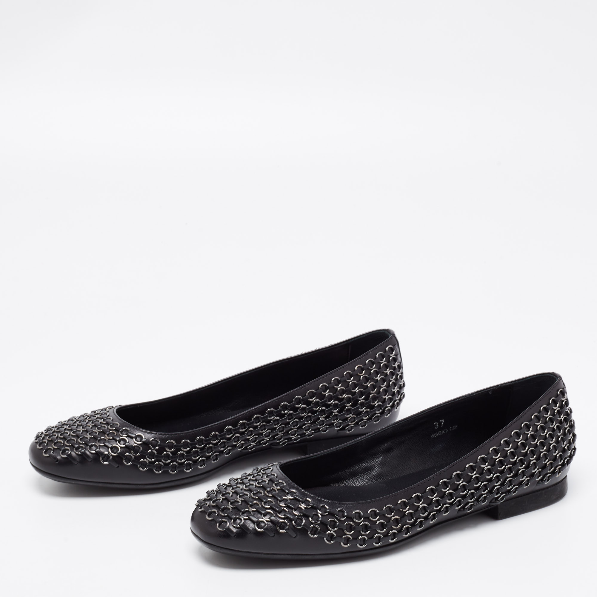 

Tod's Black Leather Stitch Detail And Embellished Ballet Flats Size