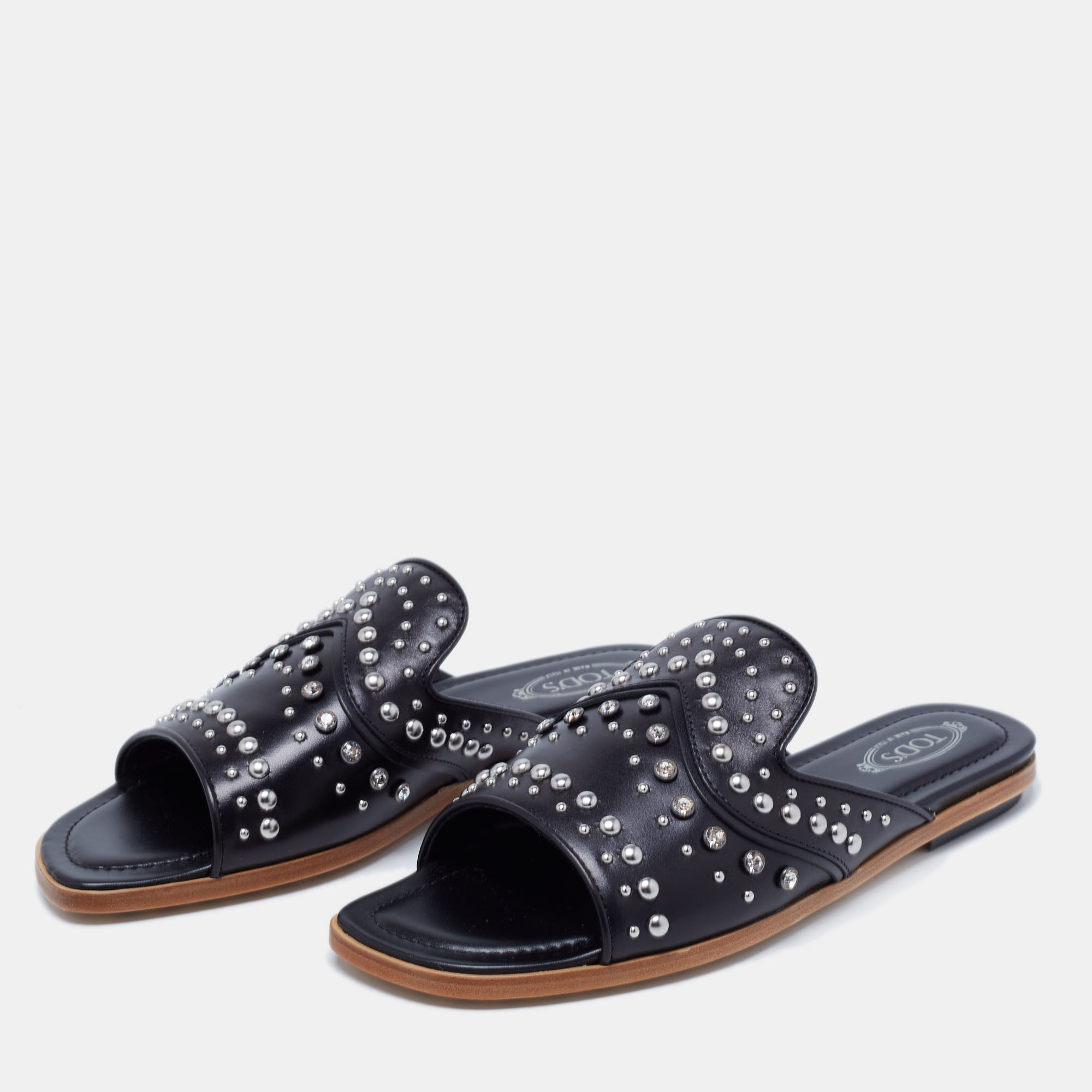 

Tod's Black Leather Studded Embellished Slide Flat Sandals Size