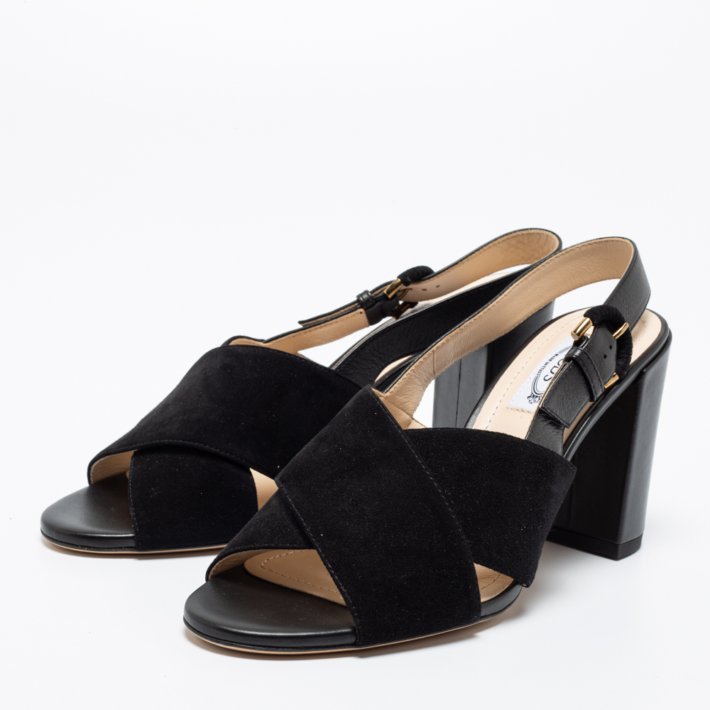 

Tod's Black Suede And Leather Crisscross Block Heel Ankle Strap Sandals Size