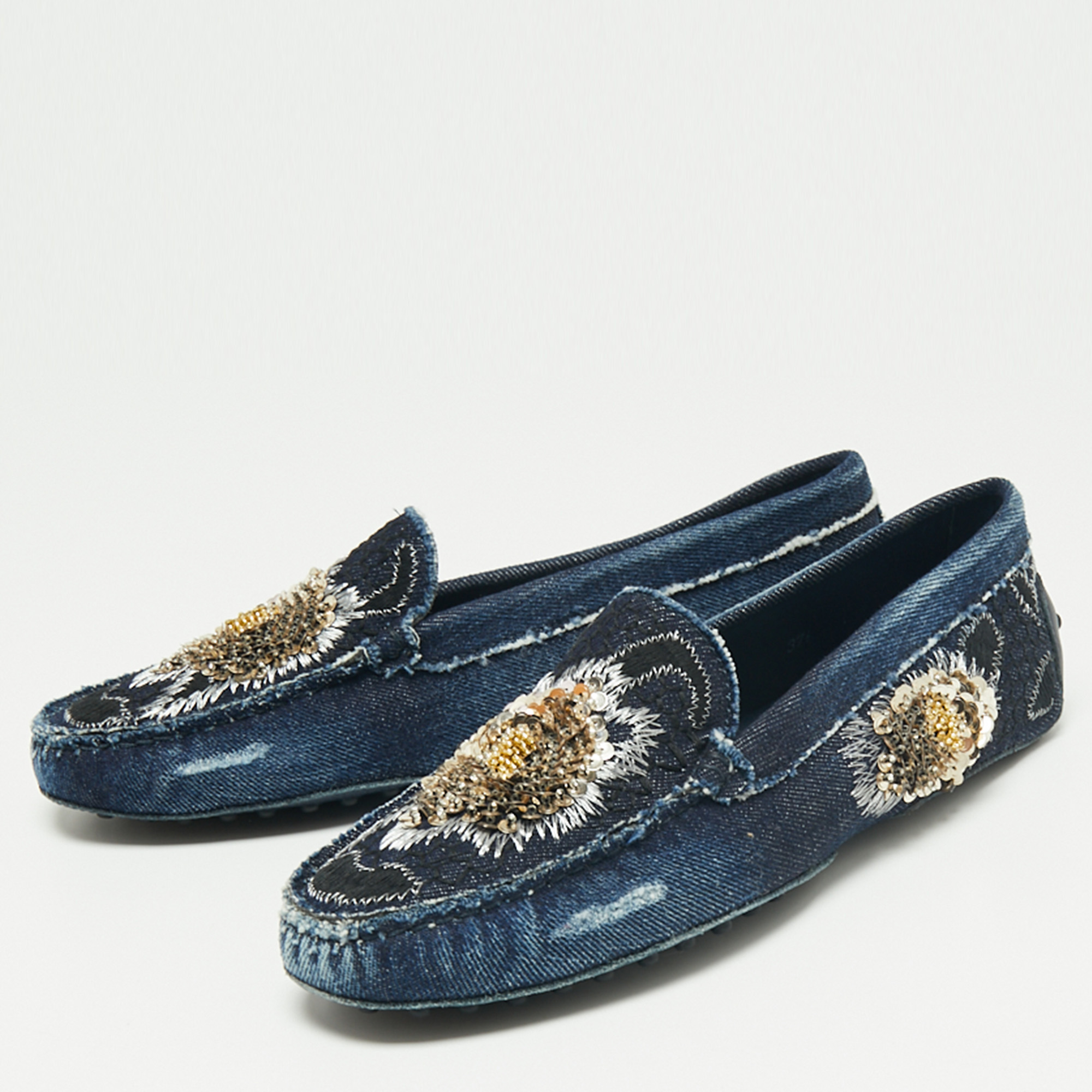 

Tod's Blue Denim Sequin Embellished Slip On Loafers Size