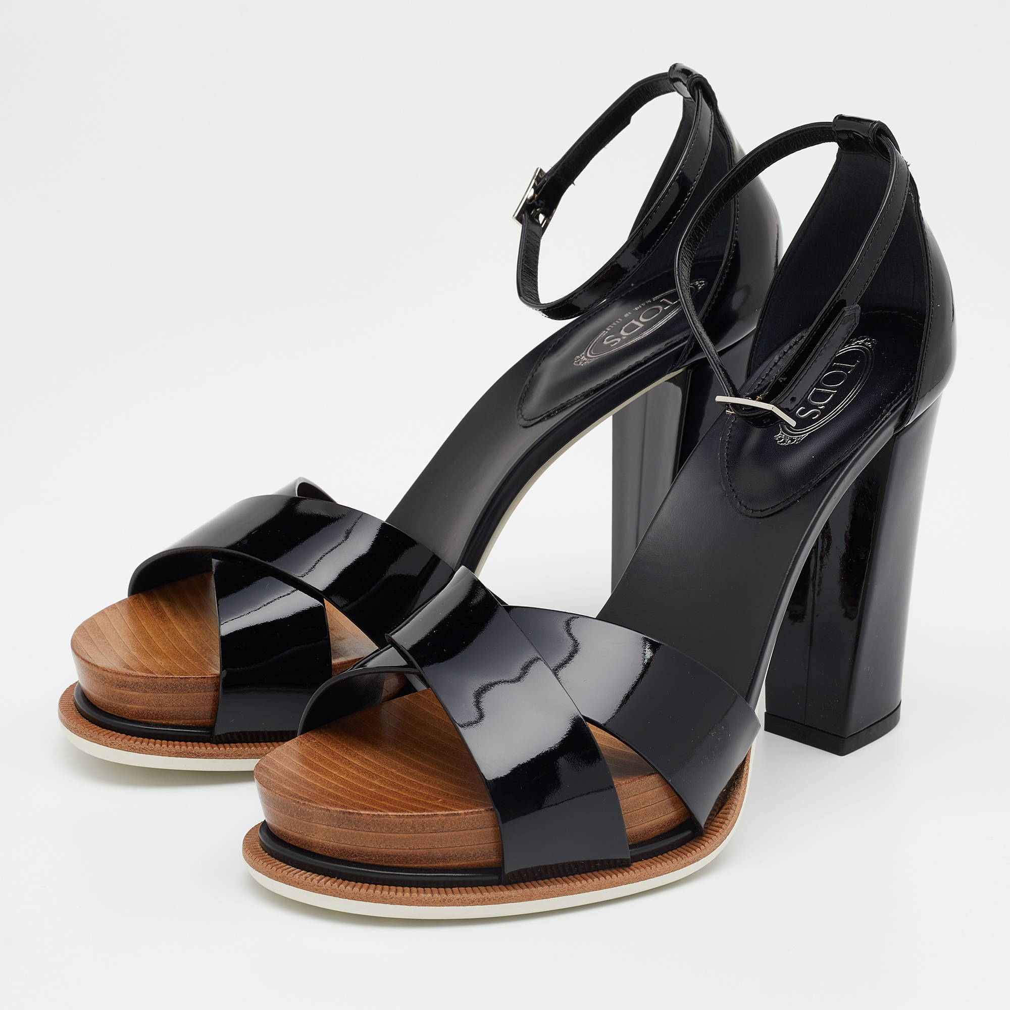 

Tod's Black Patent Leather Ankle Strap Block Heel Sandals Size