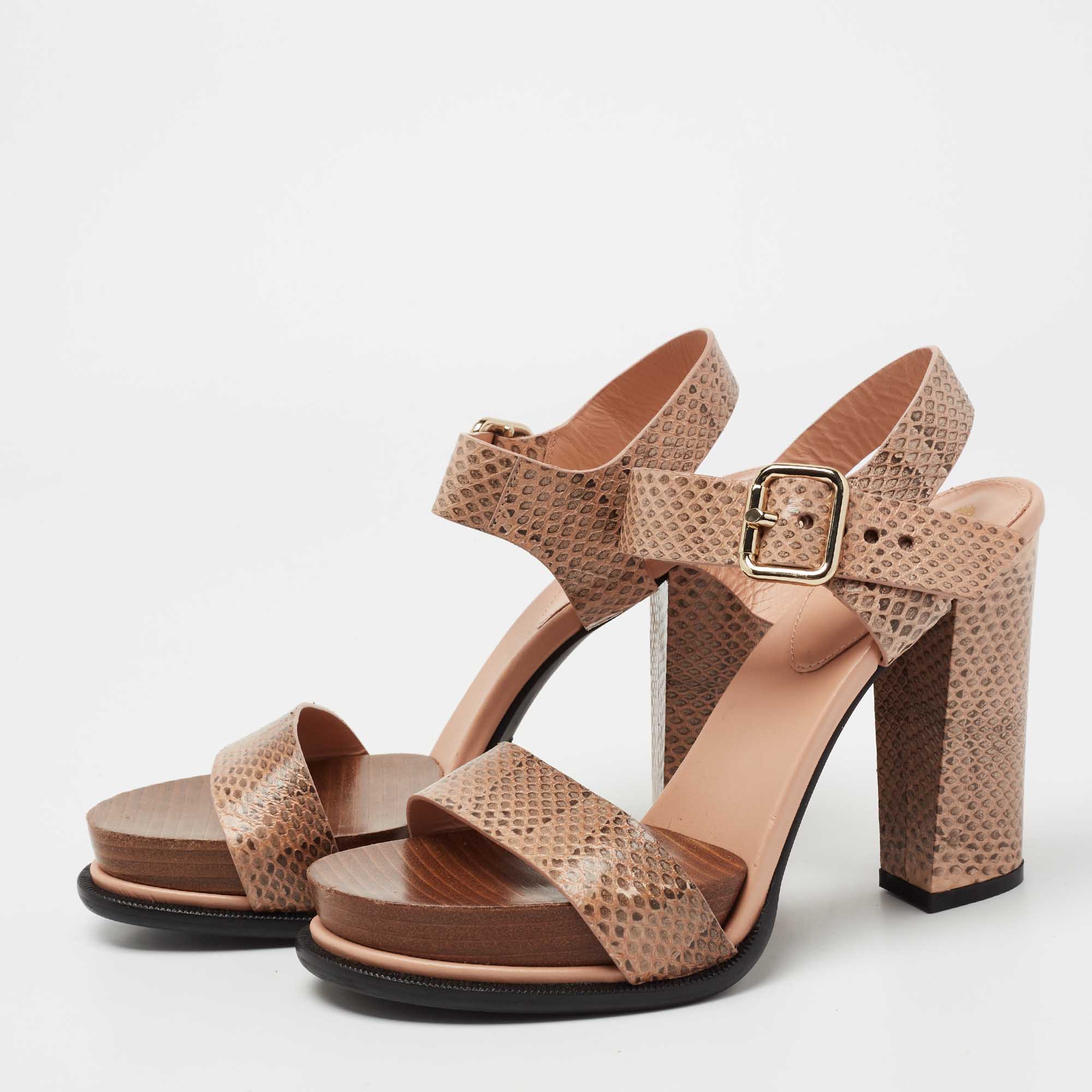 

Tod's Light Pink/Brown Snakeskin Embossed Leather Ankle Strap Sandals Size