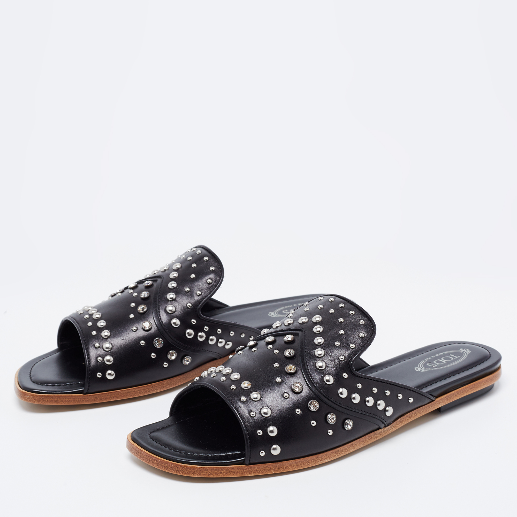 

Tod's Black Leather Studded Open Toe Mules Size