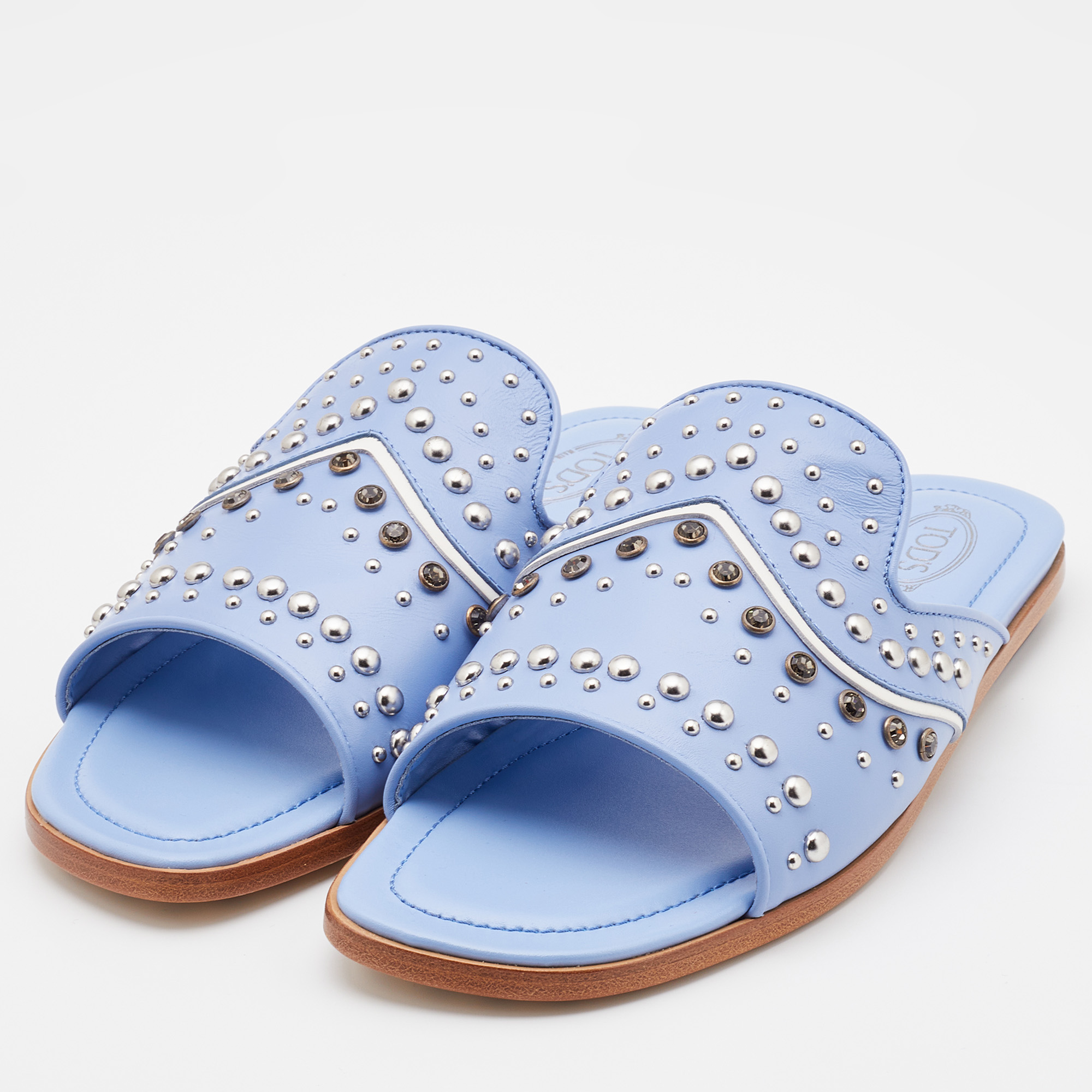 

Tod's Light Blue Leather Studded Open Toe Flat Slide Sandals Size