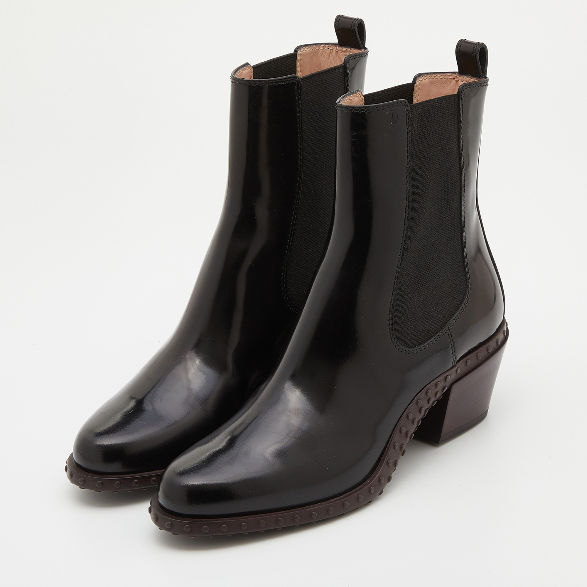 

Tod's Black Leather Block Heel Ankle Length Boots Size