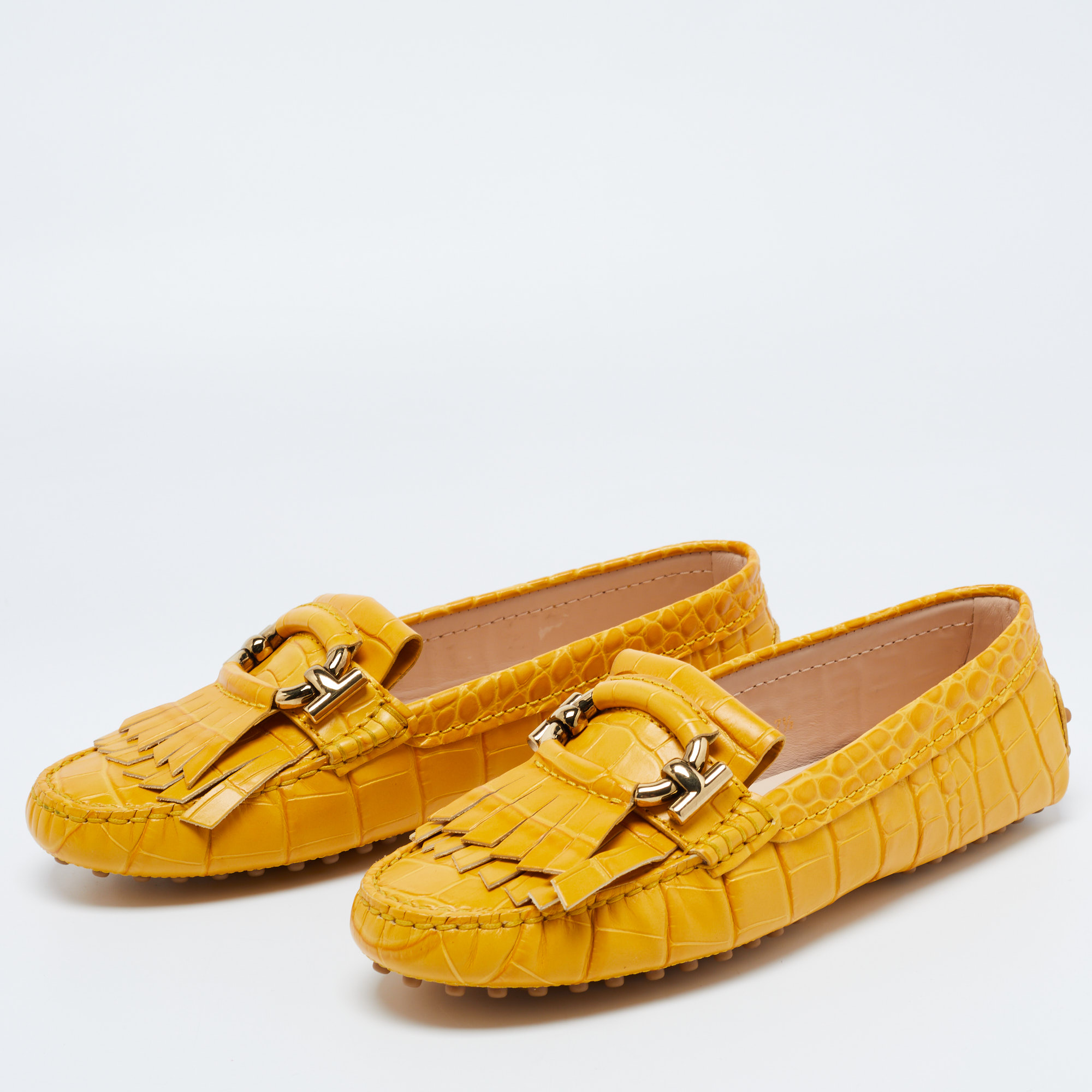 

TodS Mustard Croc Embossed Leather T-Ring Fringe Loafer Size, Yellow