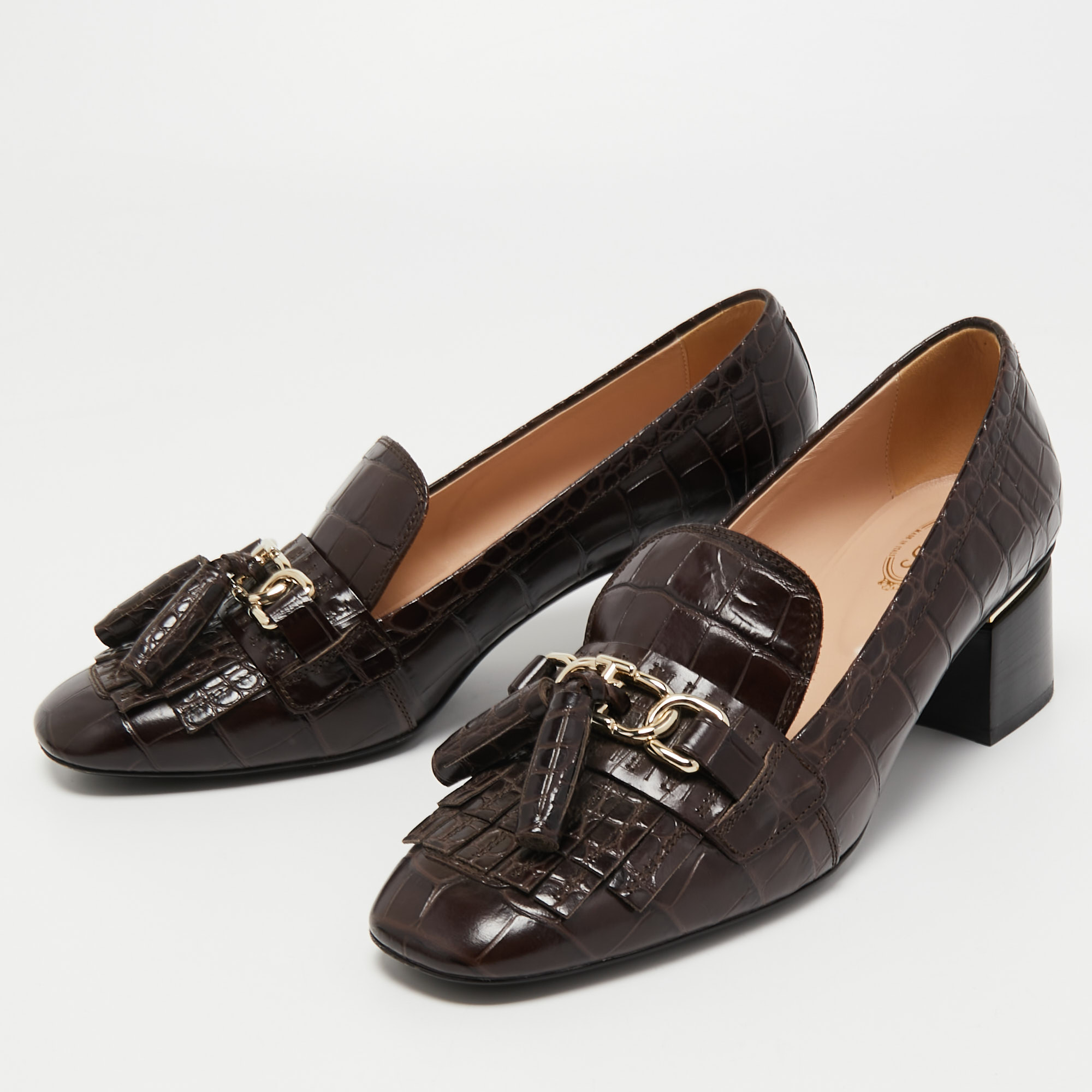 

Tod's Brown Croc Embossed Leather Block Heel Loafer Pumps Size