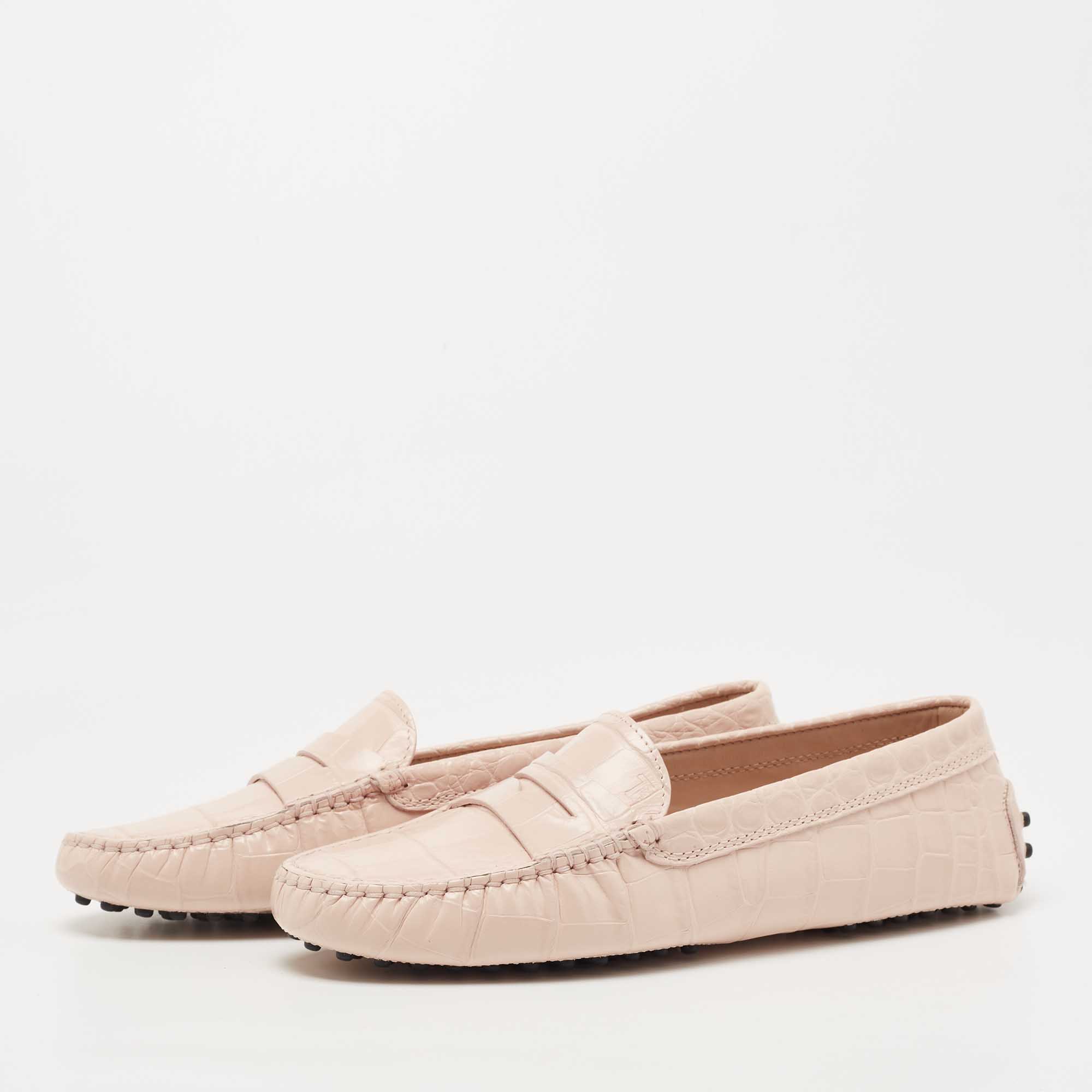 

Tod's Light Pink Croc Embossed Leather Penny Loafers Size