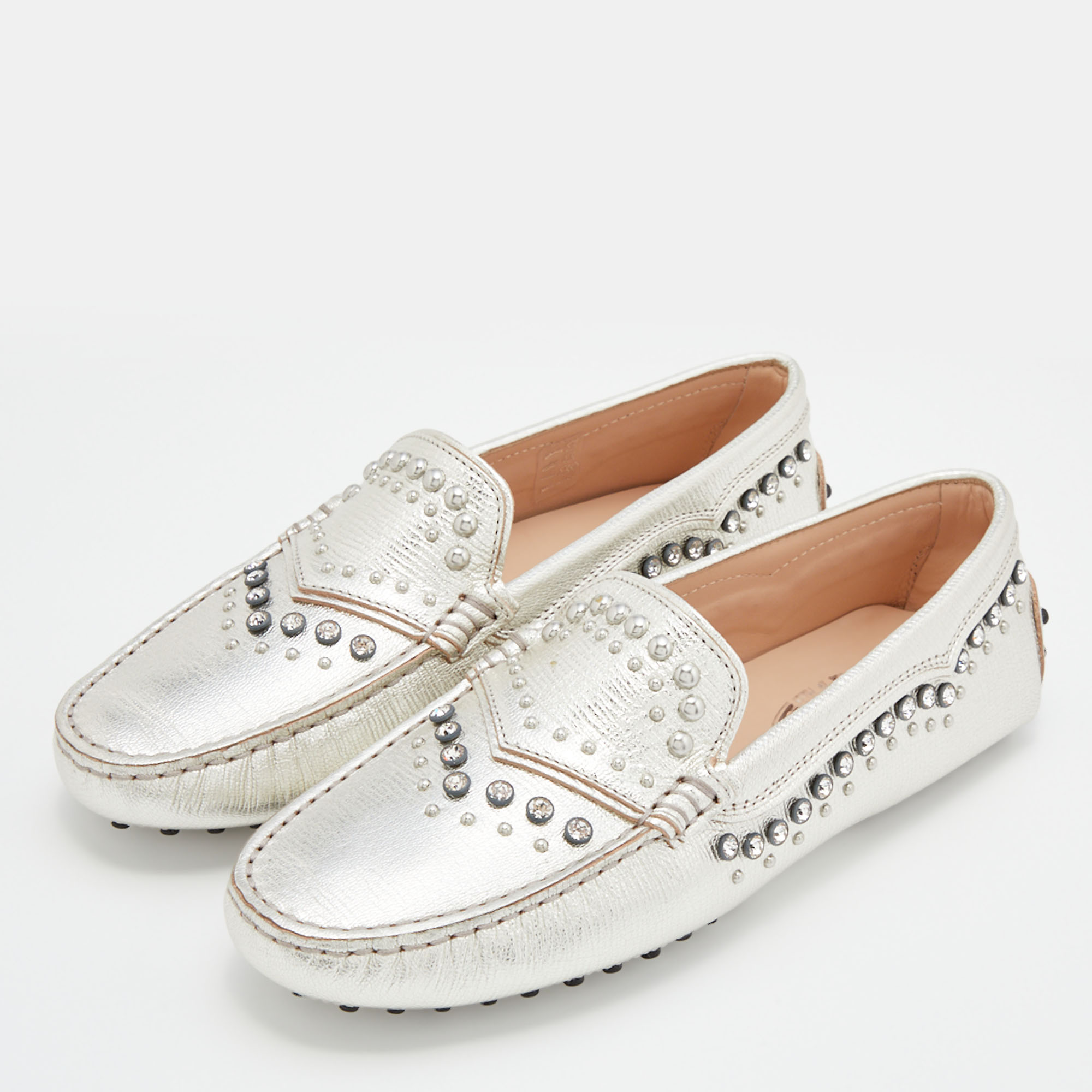 

Tod's Silver Leather Studded Crystal Embellished Gommino Slip On Loafers Size