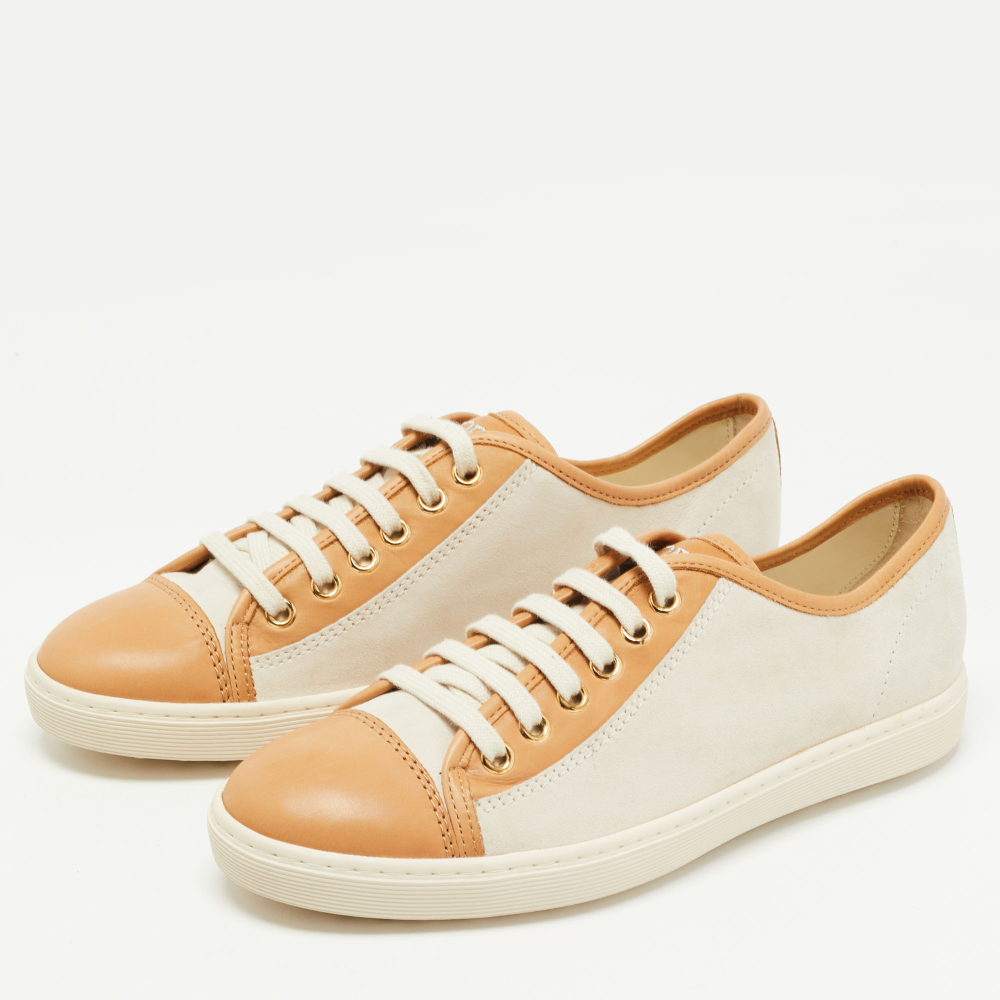 

Tod's White/Brown Nubuck and Leather Low Top Sneakers Size