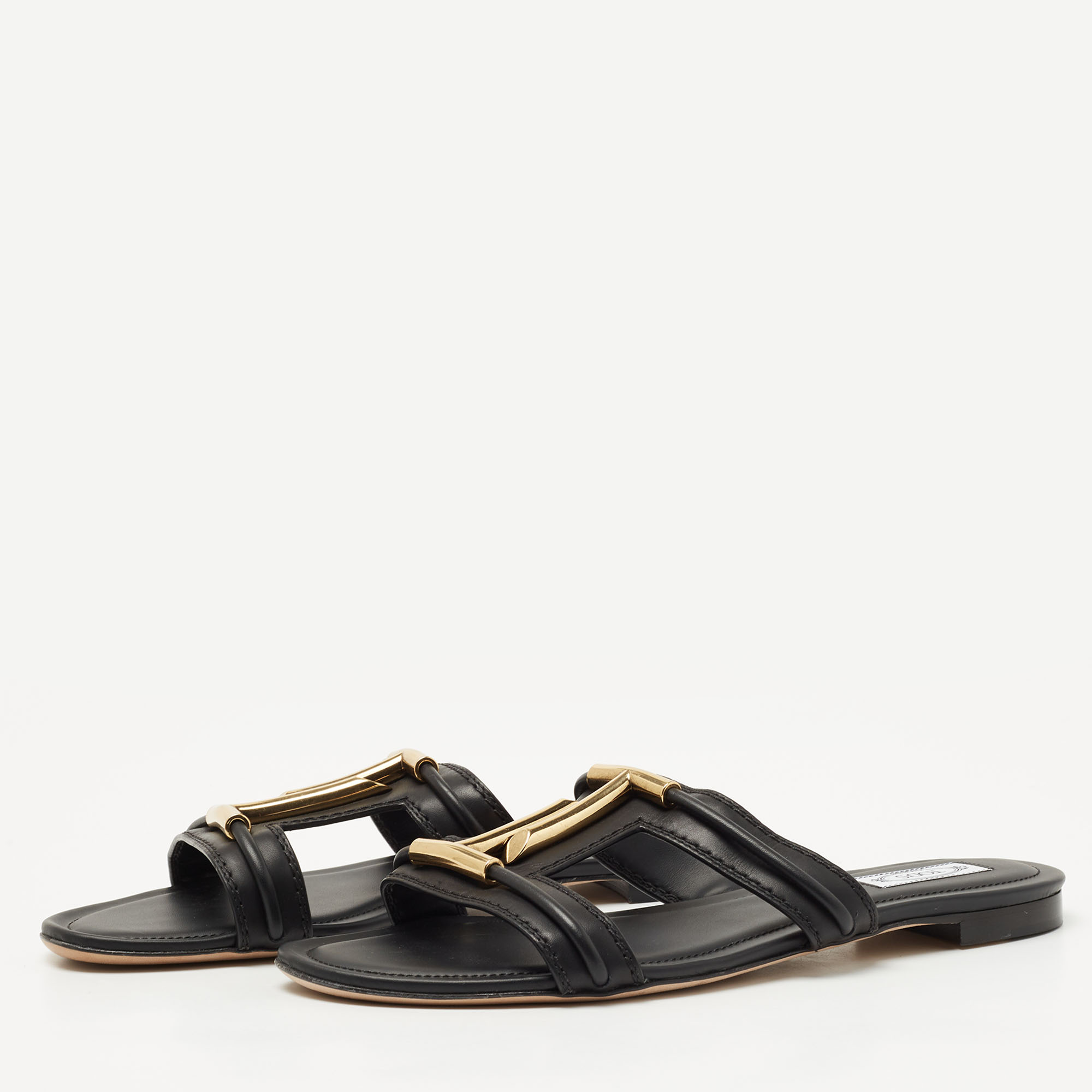 

Tod's Black Leather Double T-Slide Flats Size