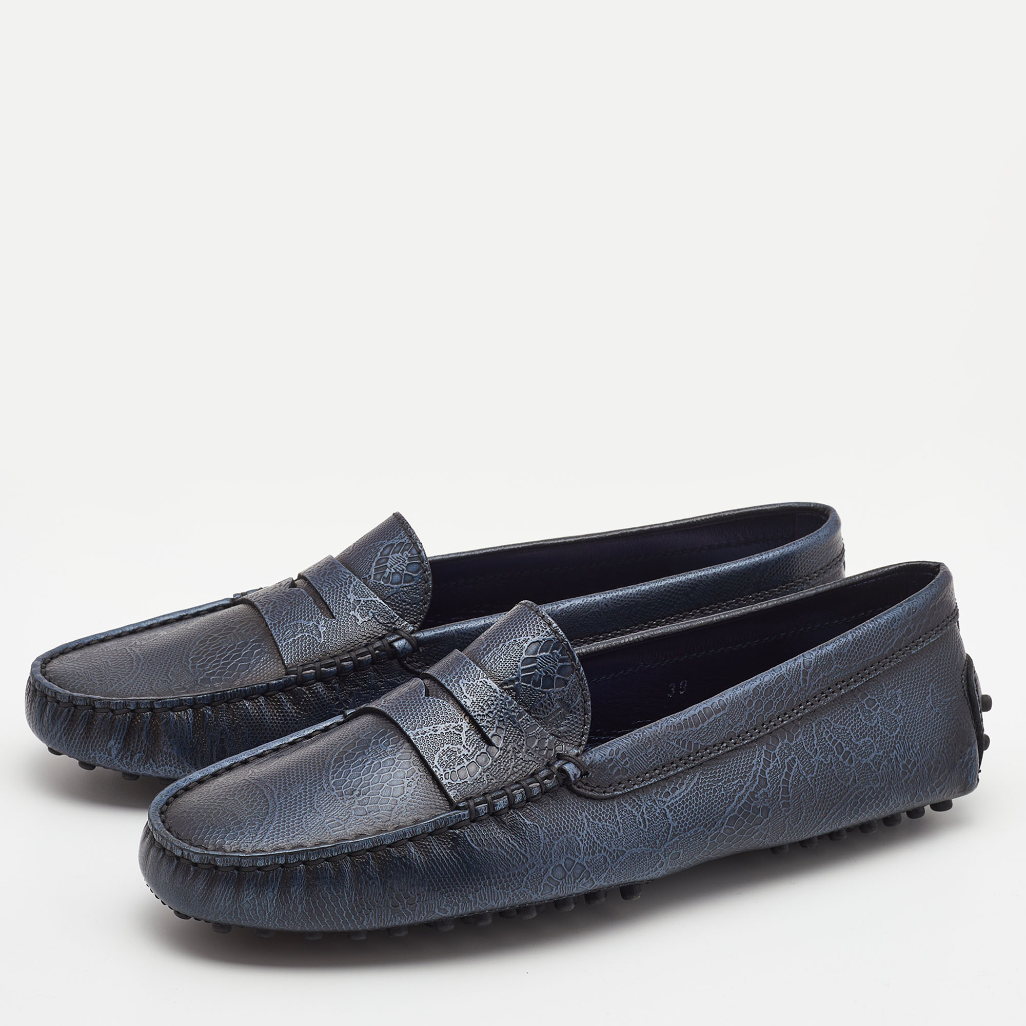 

Tod's Navy Blue Embossed Leather Penny Driving Loafers Size