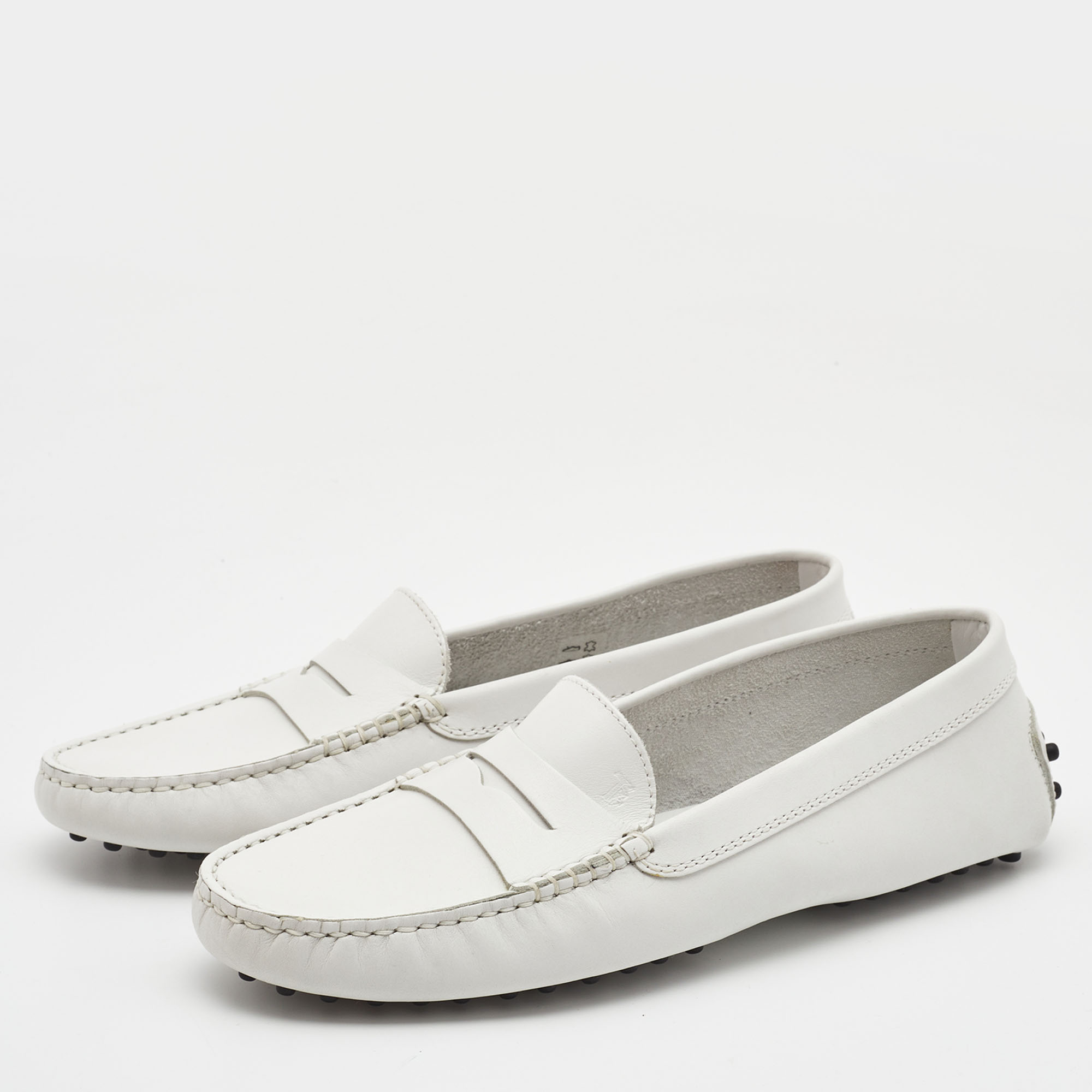 

Tod's White Leather Penny Driving Loafers Size