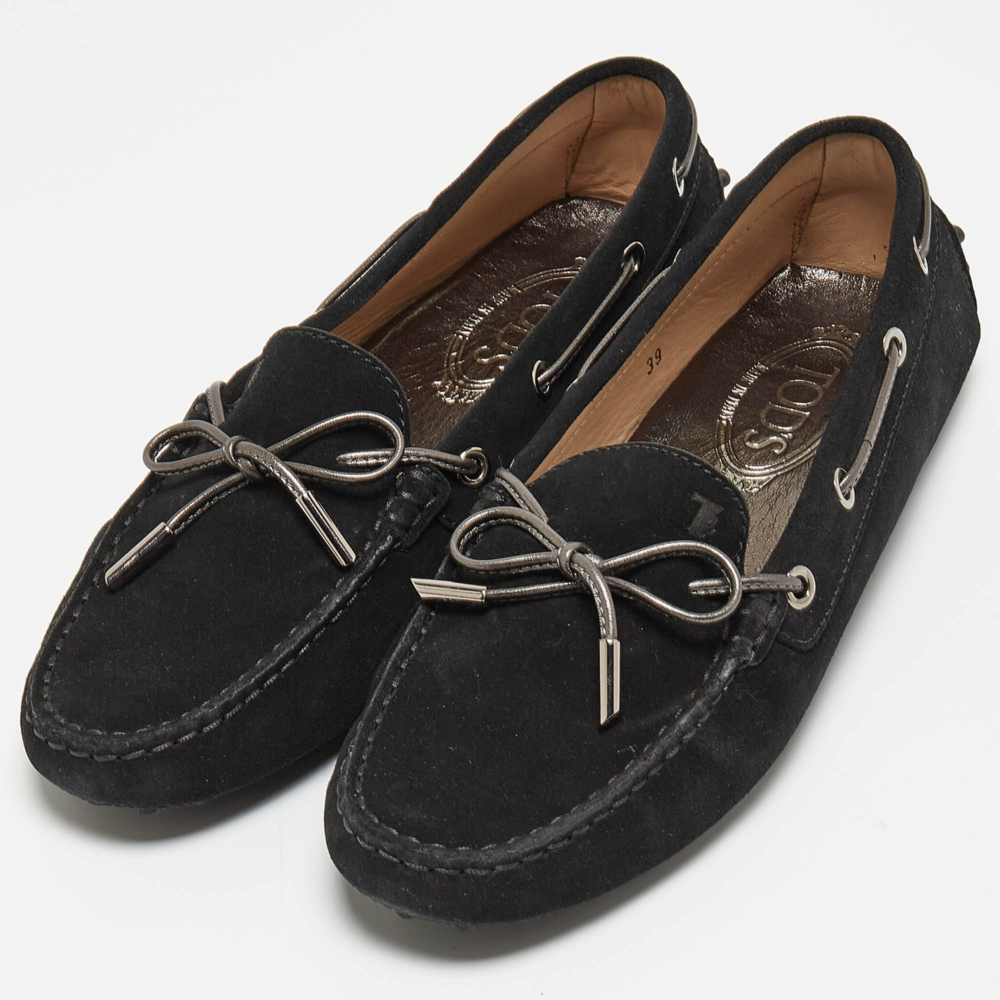 

Tod's Black Suede Accent Bow Slip On Loafers Size