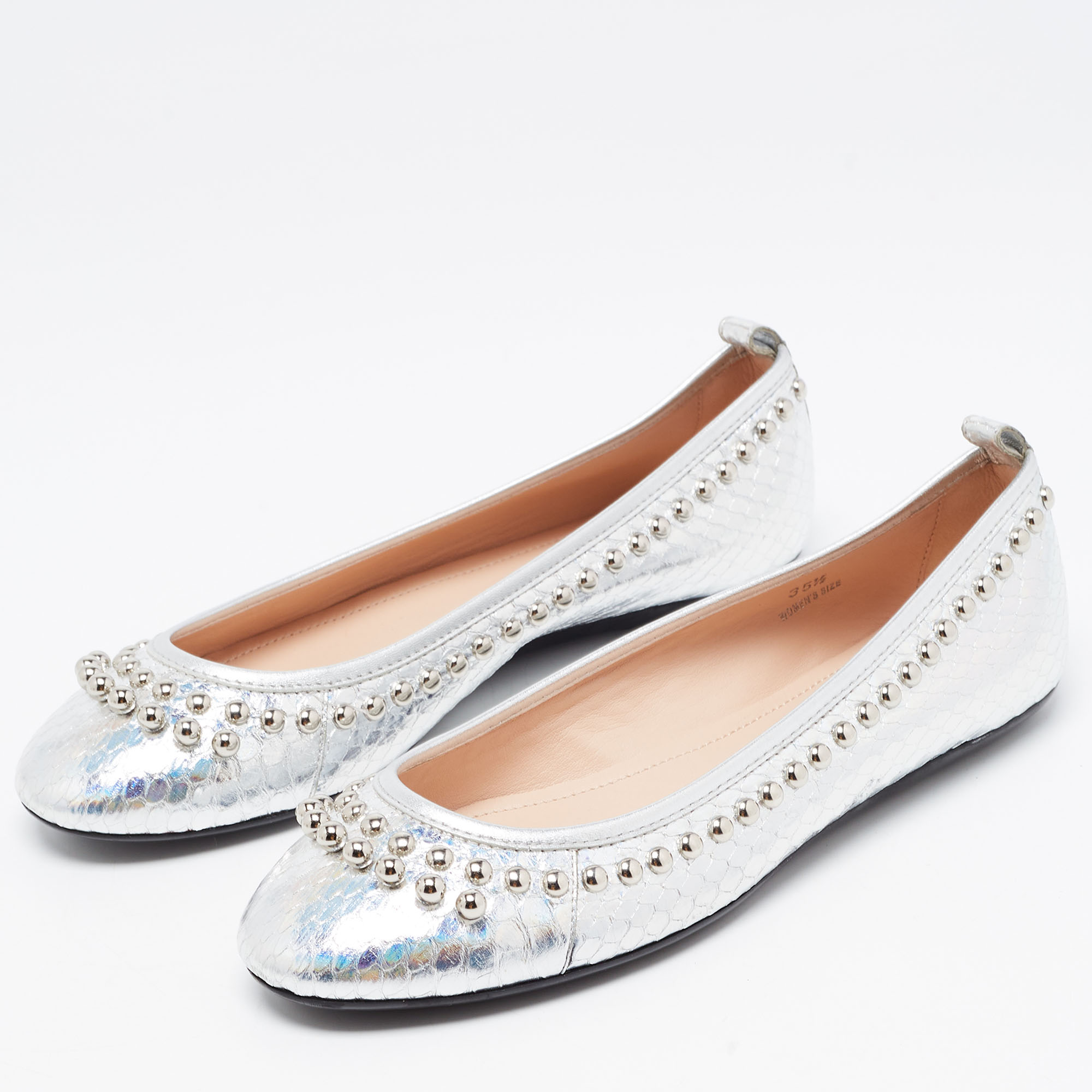 

Tod's Silver Python Embossed Leather Studded Ballet Flats Size