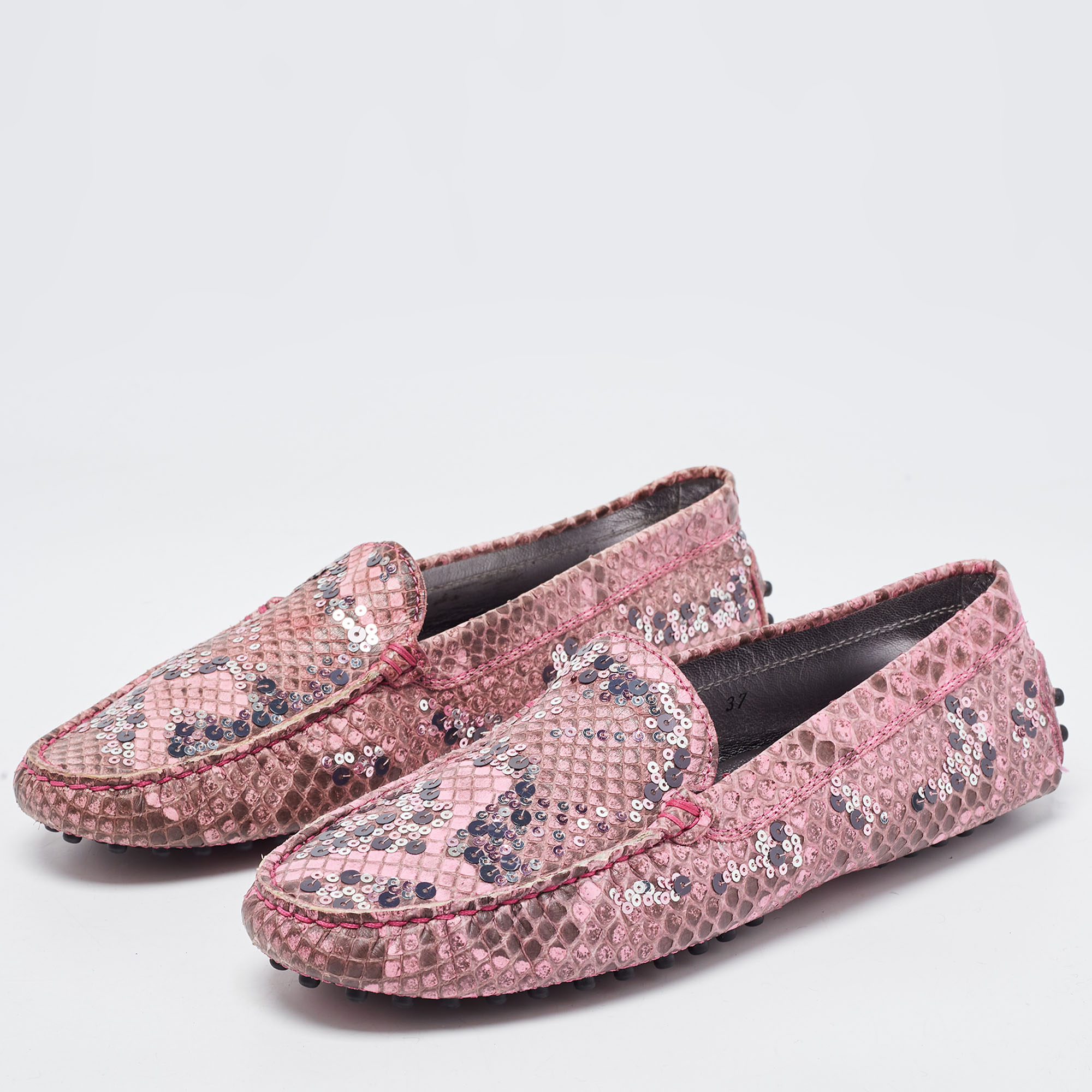 

Tod's Pink Python Leather Embellished Loafers Size