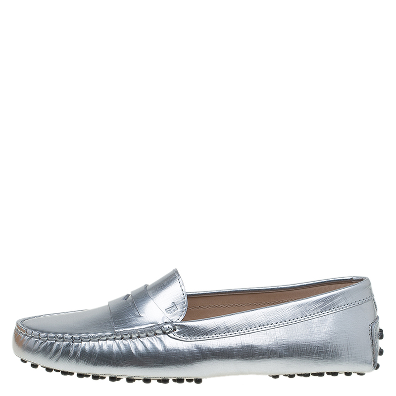 

Tod's Silver Metallic Leather Penny Loafers Size