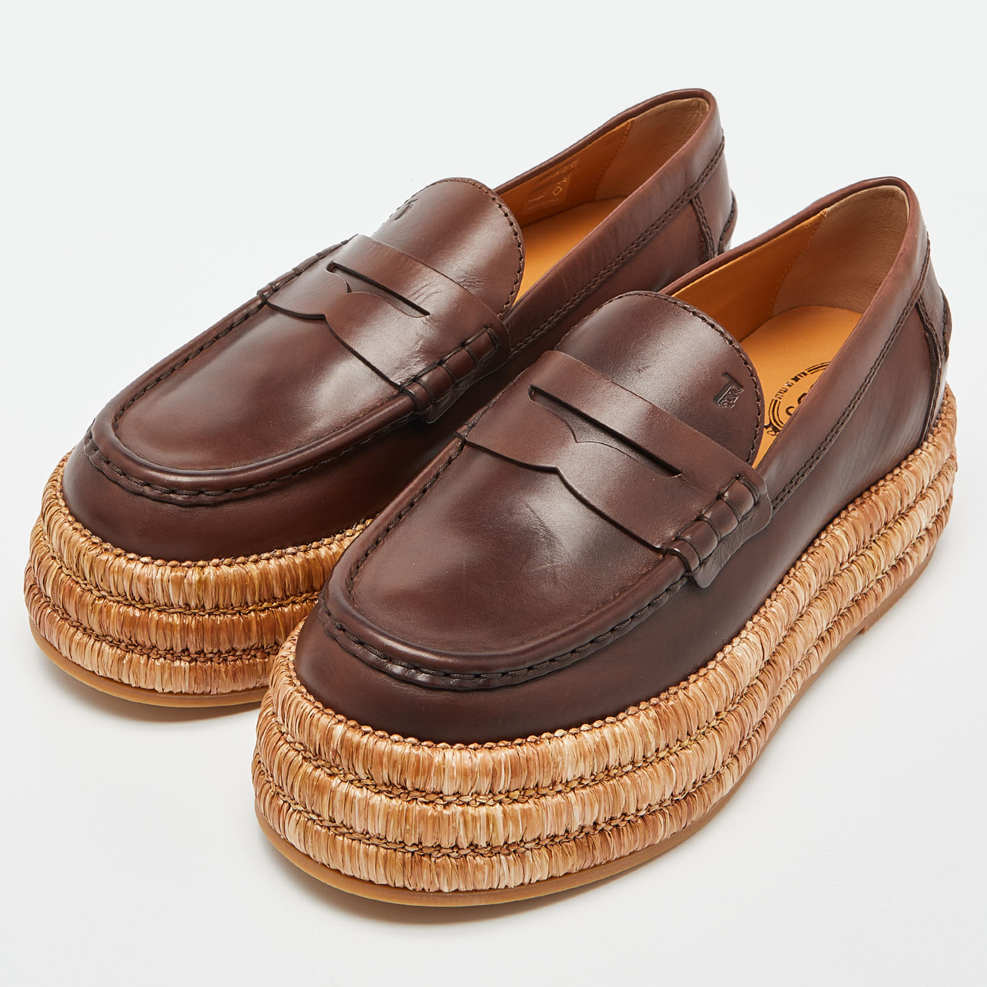 

Tod's Brown Leather and Raffia Platform Loafers Size