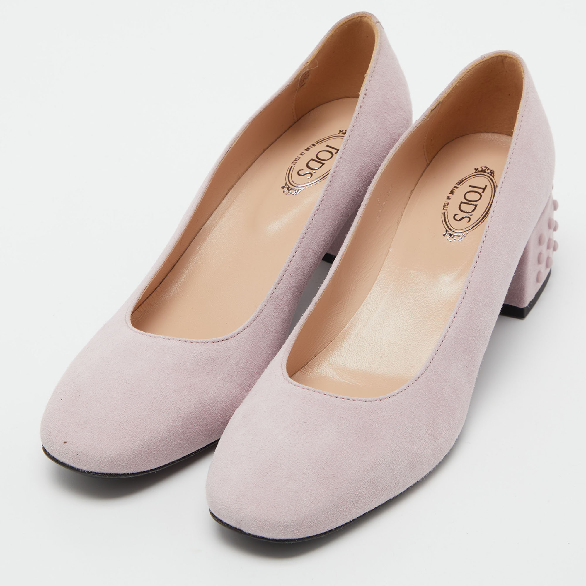 

Tod's Pink Suede Studded Block Heel Pumps Size